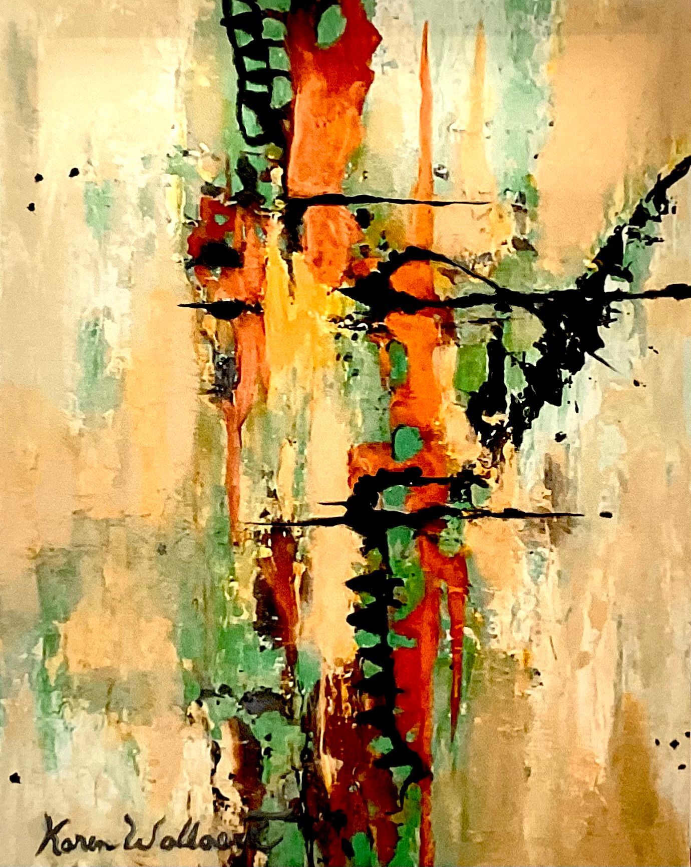 Abstract painting: orange, green, and black vertical shapes with splatters on a beige background.