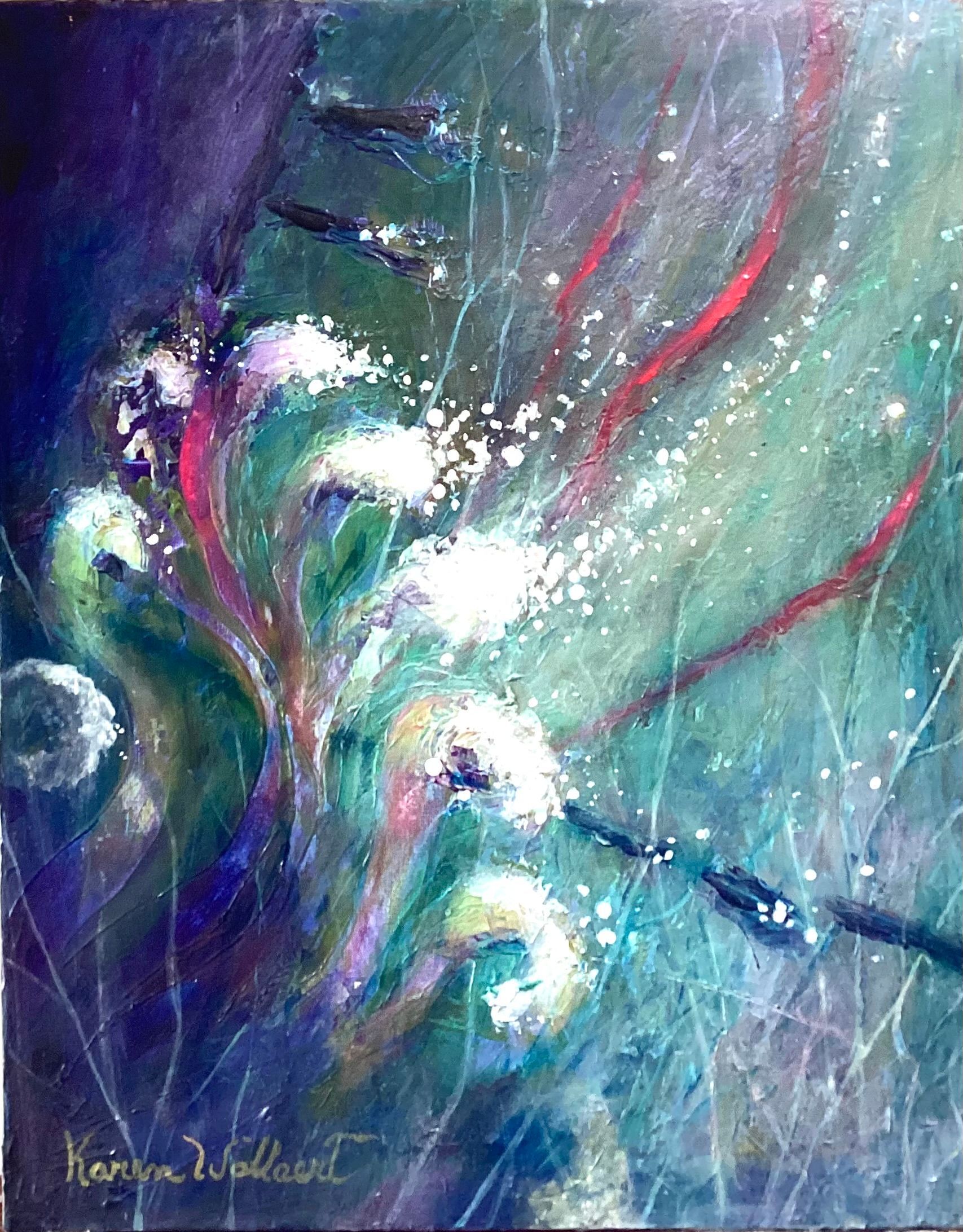 Abstract painting in blues, greens, and purples with white, red, and sparkly elements.