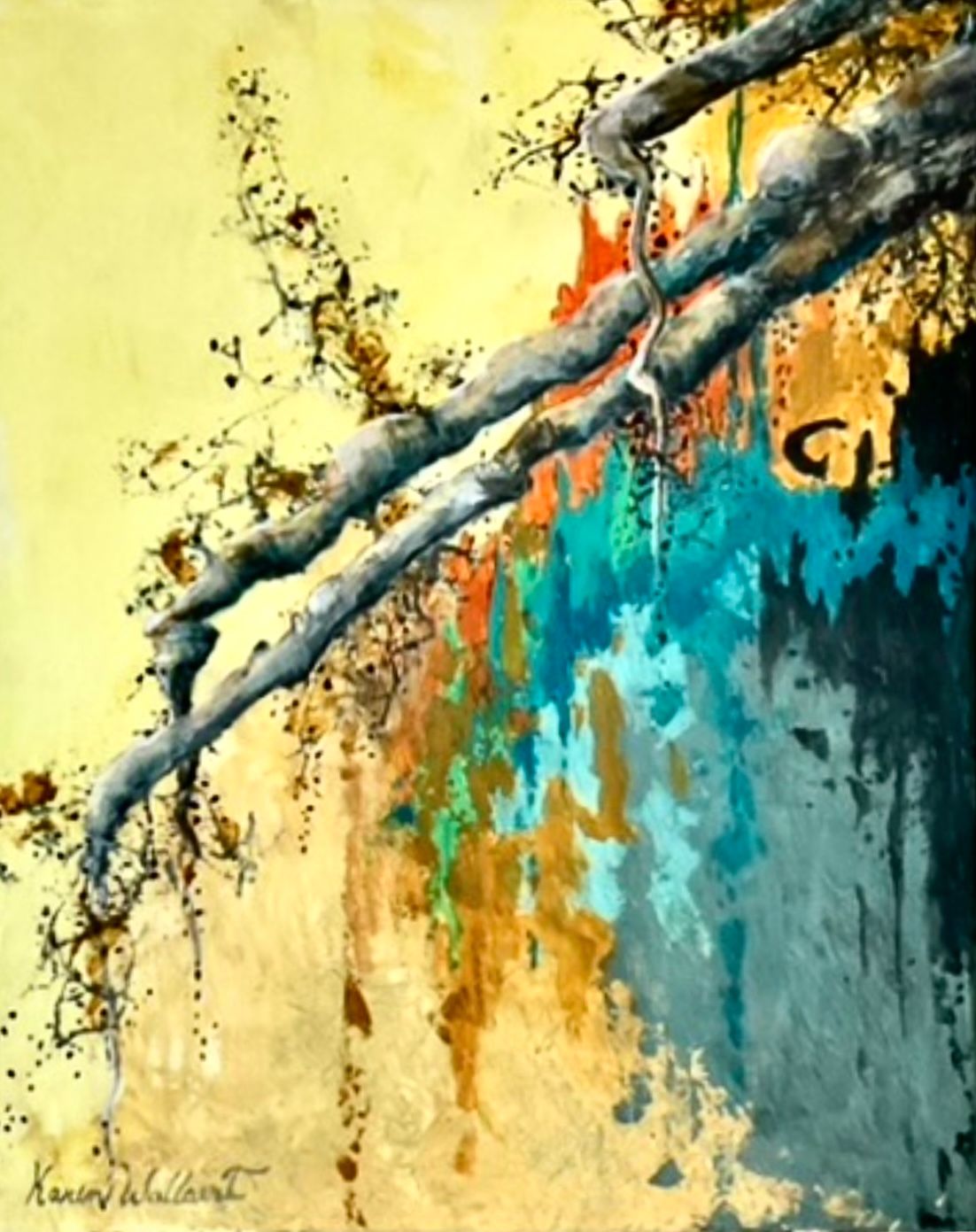 Abstract painting of tree branches against a colorful backdrop: yellow, blue, orange, and brown.