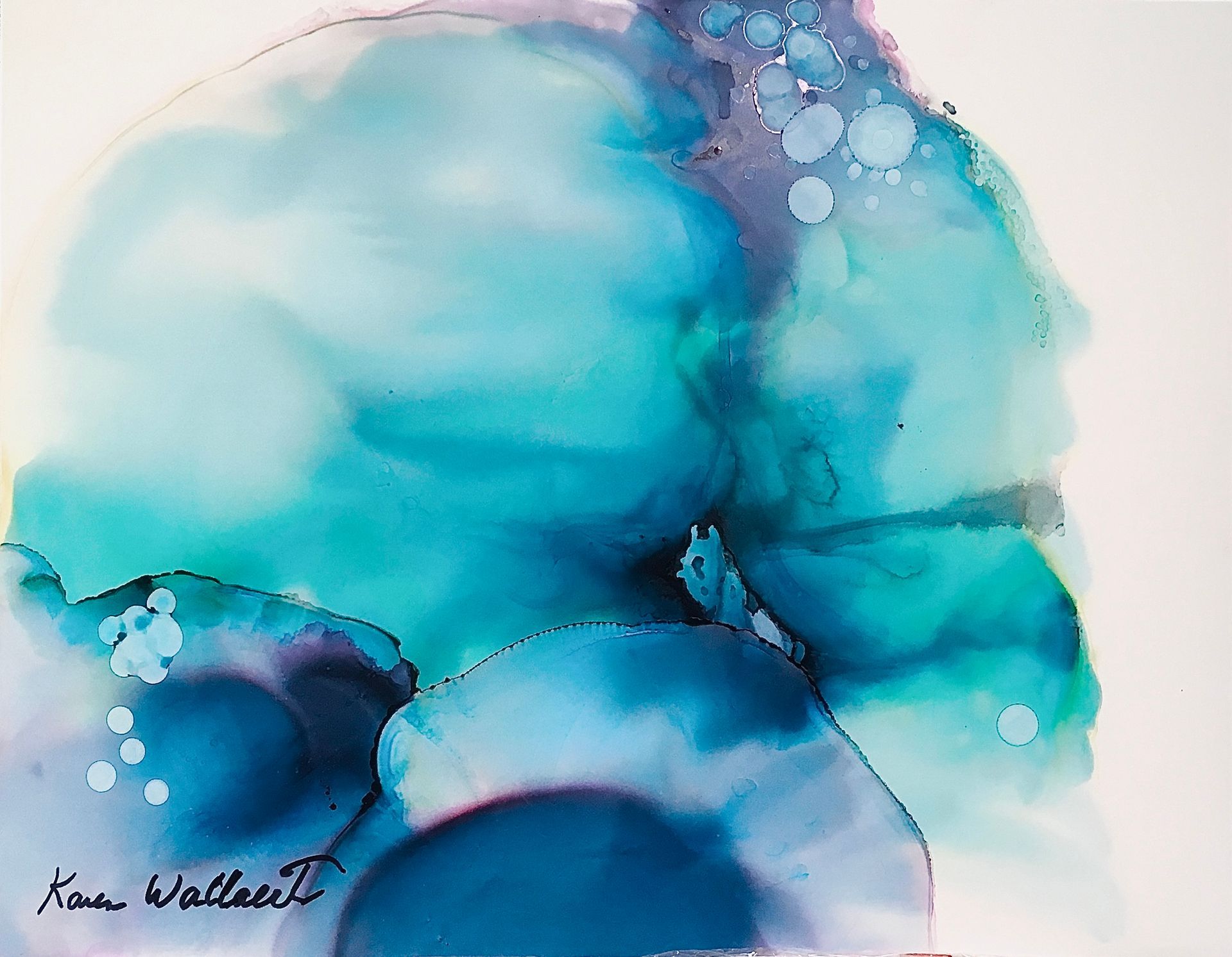 Abstract watercolor art in shades of blue and turquoise, with bubble-like accents on a white background.