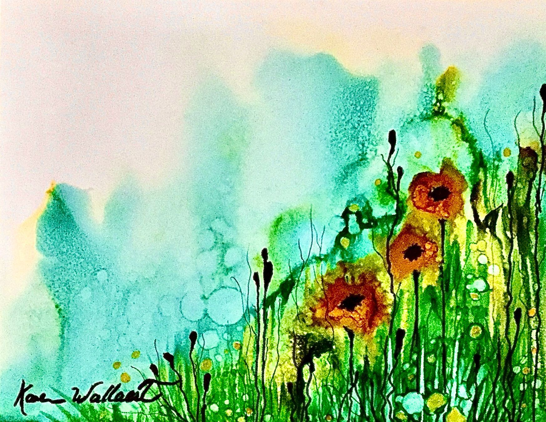 Watercolor painting of orange poppies and green grass against a teal and light pink background.