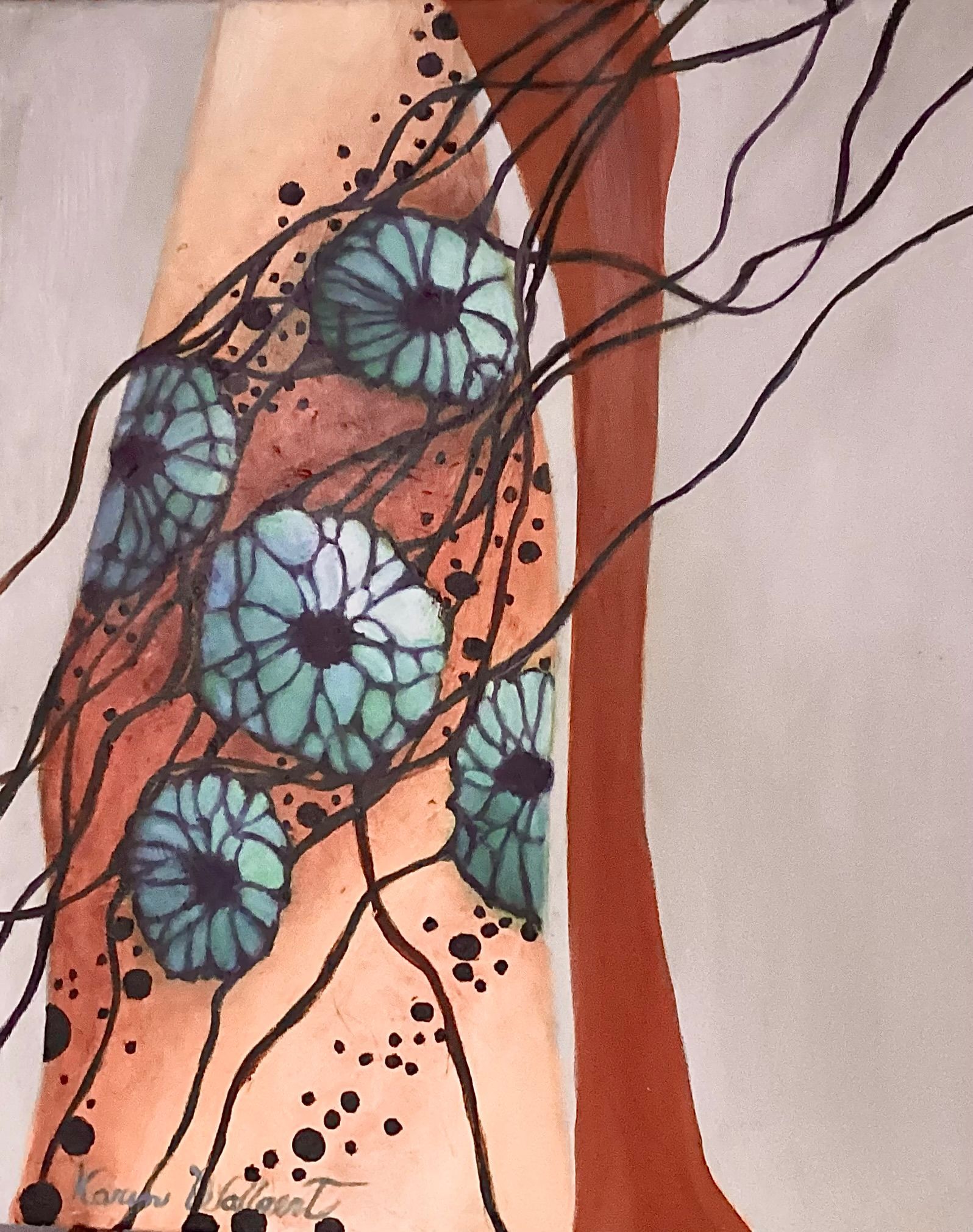 Abstract painting of blue flowers with dark lines on a tan background.