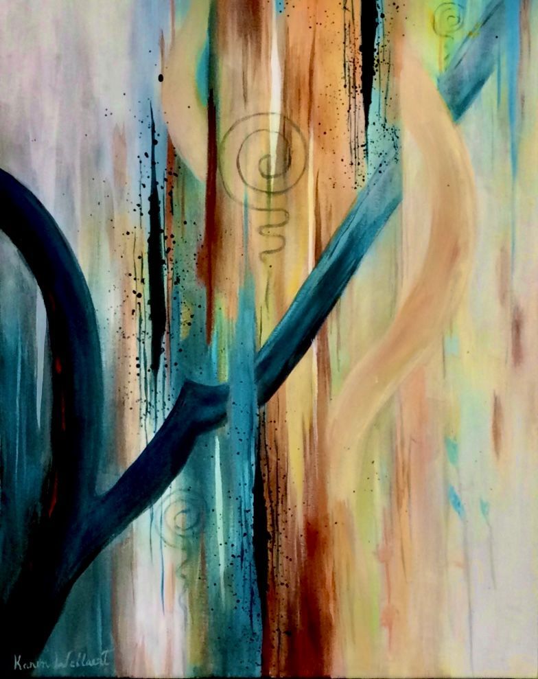 Abstract painting with blue, tan, and orange vertical strokes, overlaid with dark blue branches and spiral details.