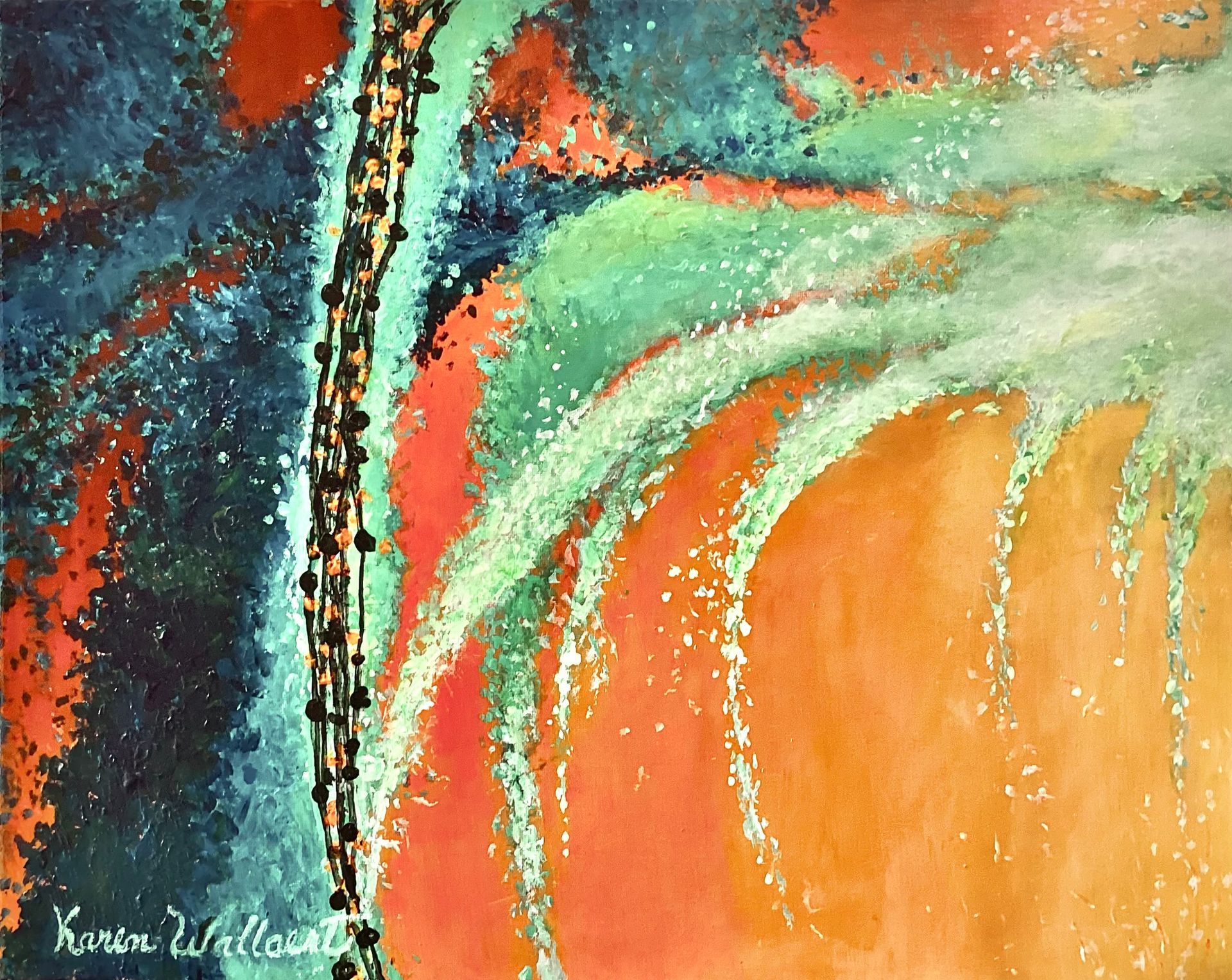 Abstract painting with swirling orange and green, dark blue, and a vertical black line with dots.