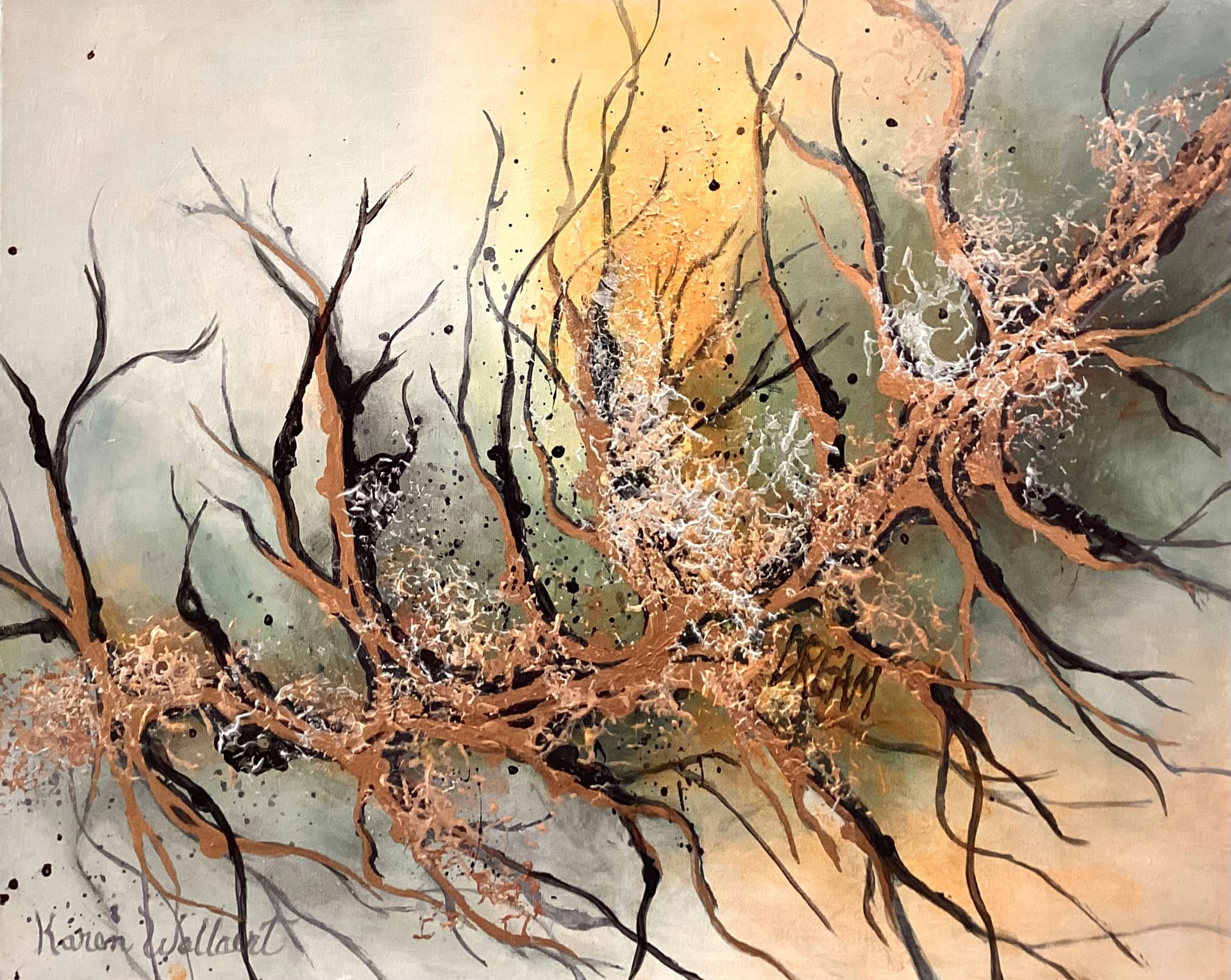 Abstract painting of brown, black, and white branches against a muted green and yellow background.