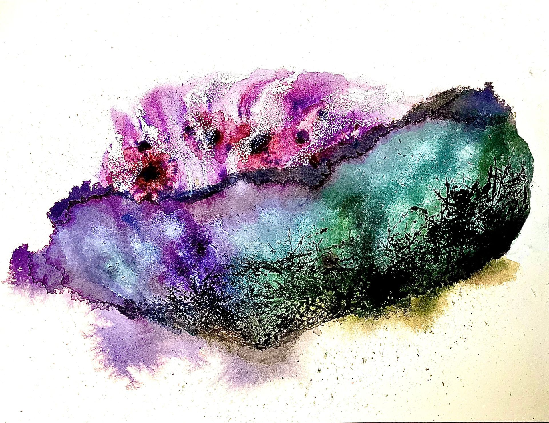 Abstract watercolor with purple, teal, and green blotches; appears like a landscape with flowers.