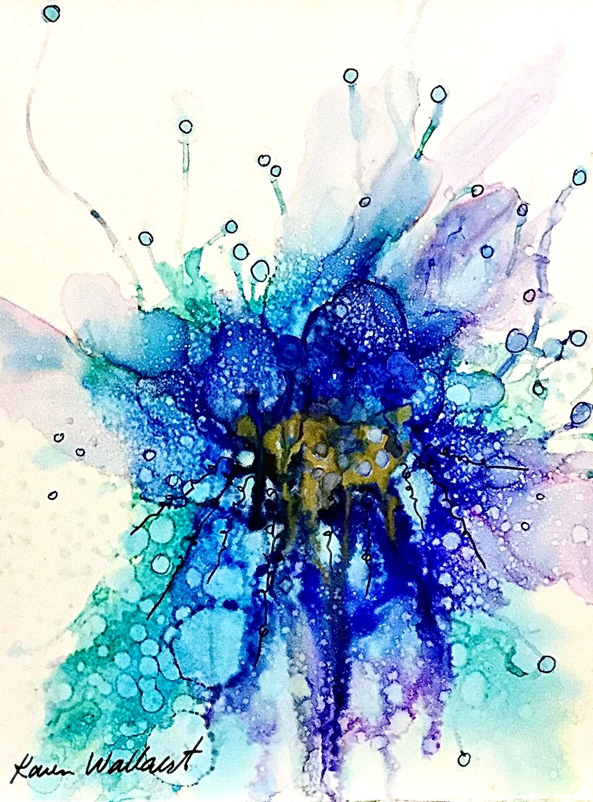 Abstract watercolor painting in shades of blue, turquoise, and purple, with gold center and bubble-like details.