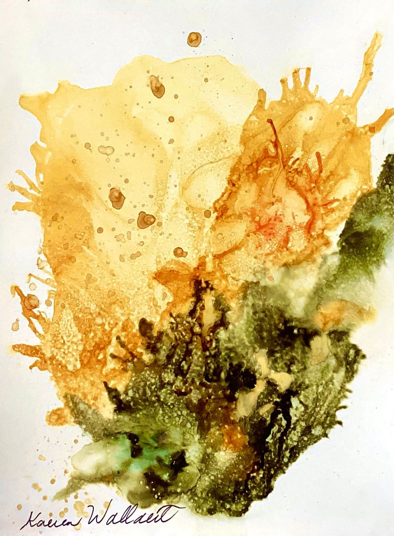Abstract watercolor art. Yellow, brown, and green splatters on white. Artist signature is in lower left.