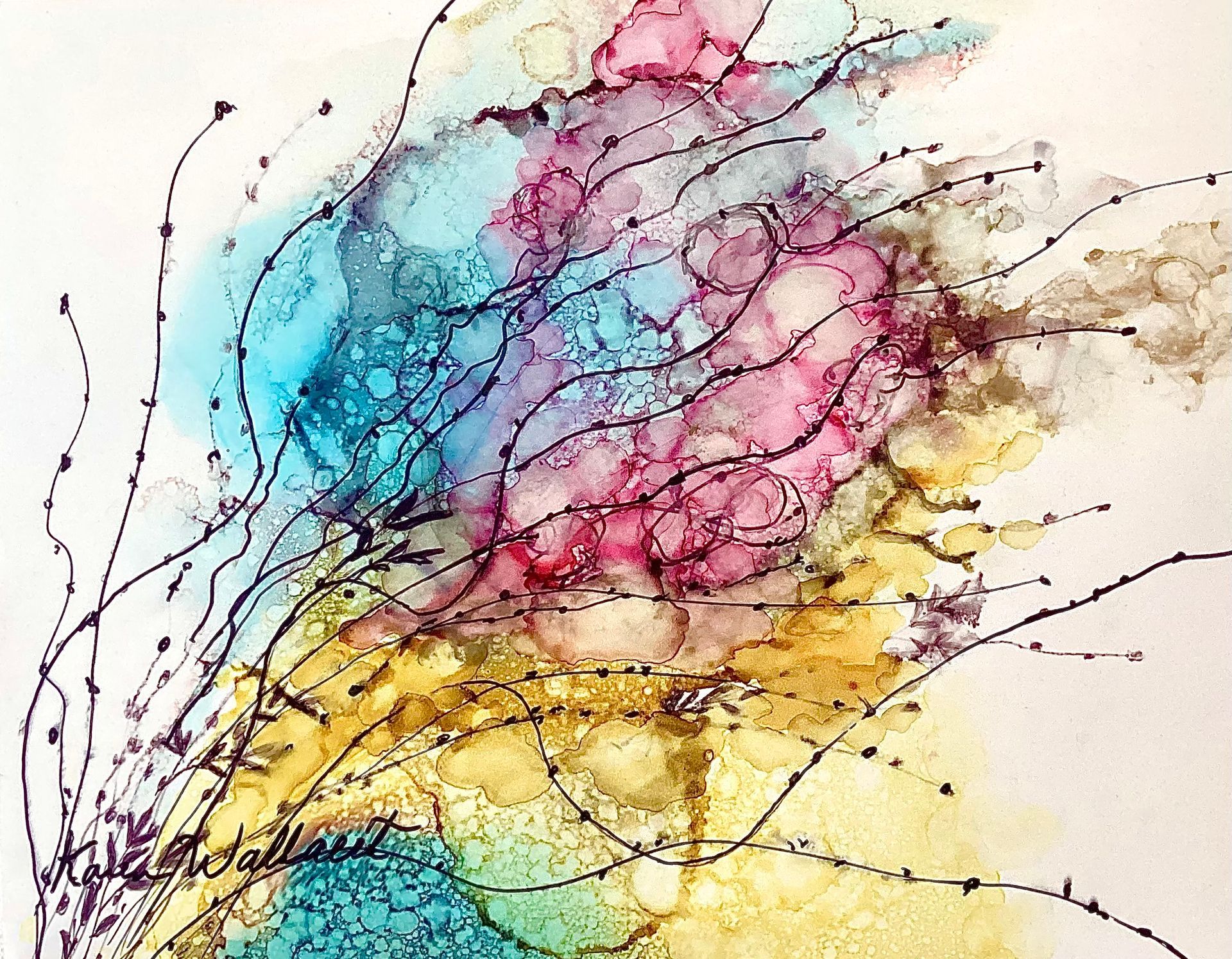 Abstract artwork: swirling blue, pink, and yellow ink with delicate black tendrils.
