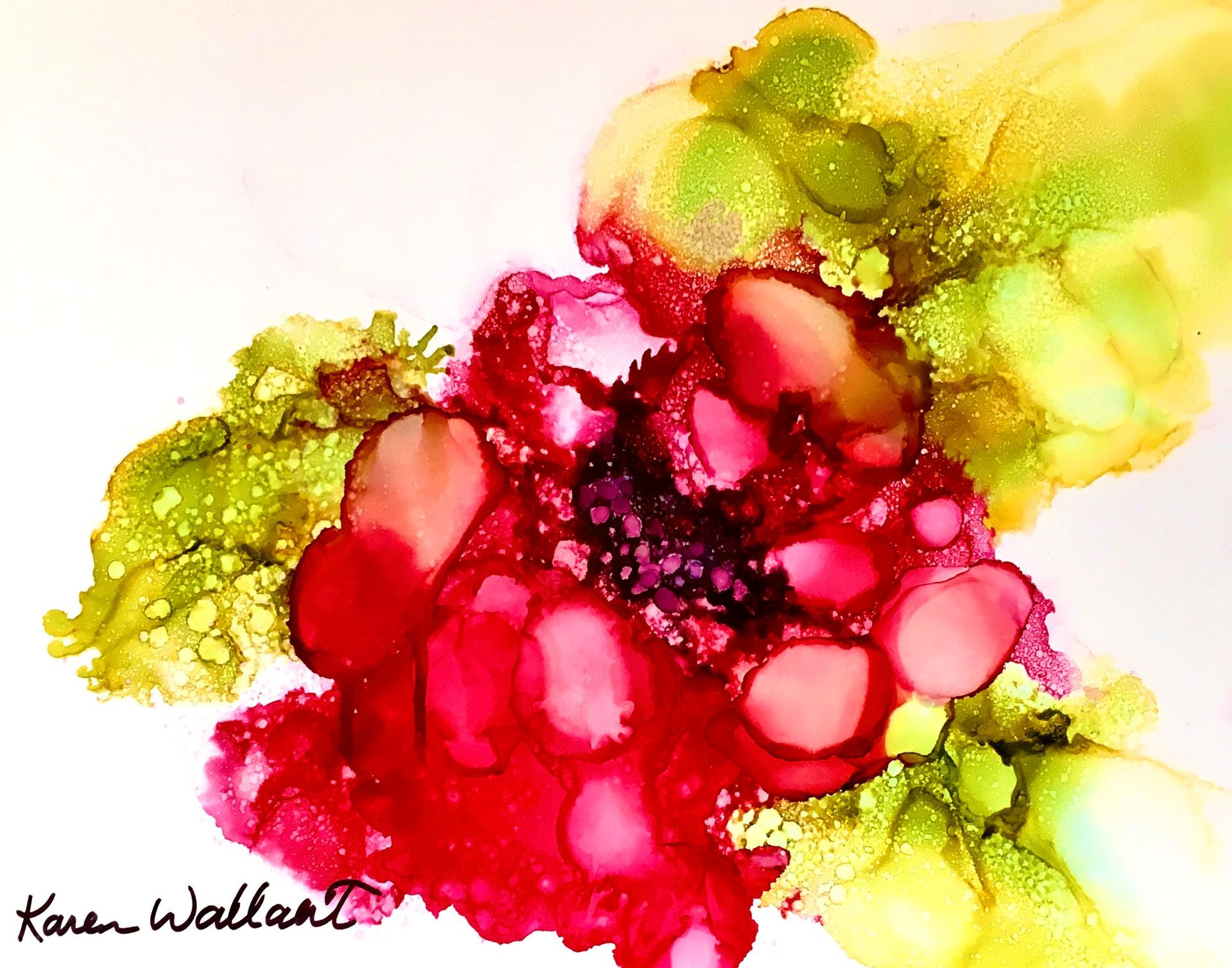 Abstract alcohol ink painting of red and yellow organic shapes, signed by Karen Wallart.