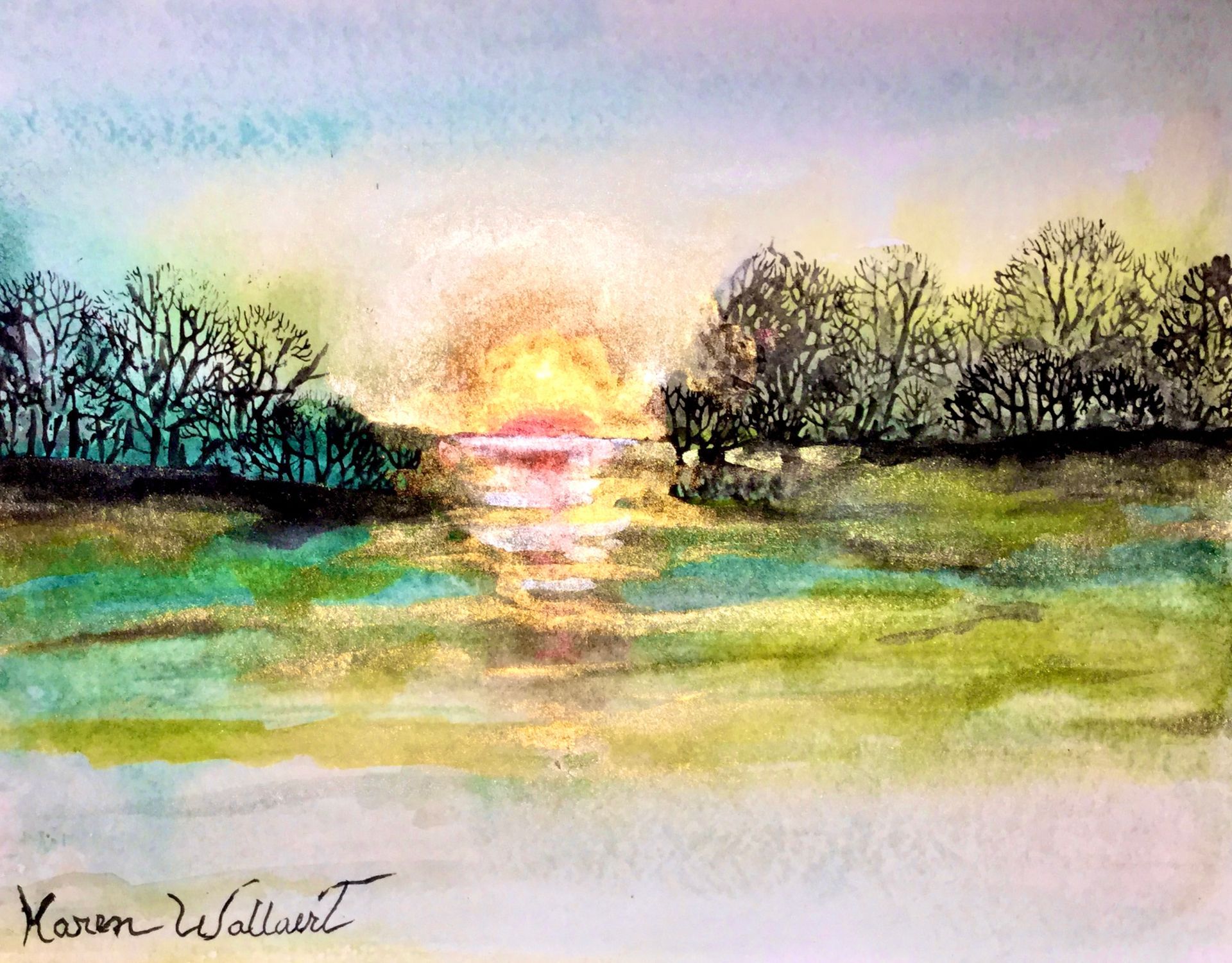 Watercolor landscape of a sunset over water, trees on the horizon, vibrant colors: yellow, green, and blue.