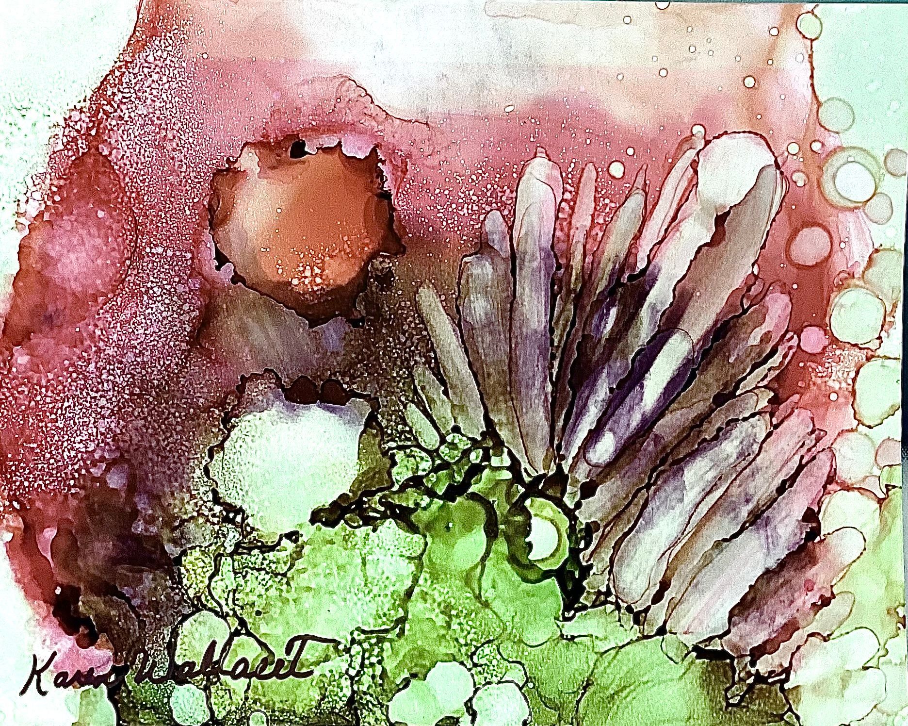 Abstract alcohol ink art: pink, green, and brown colors blend. Features a central feathered shape.