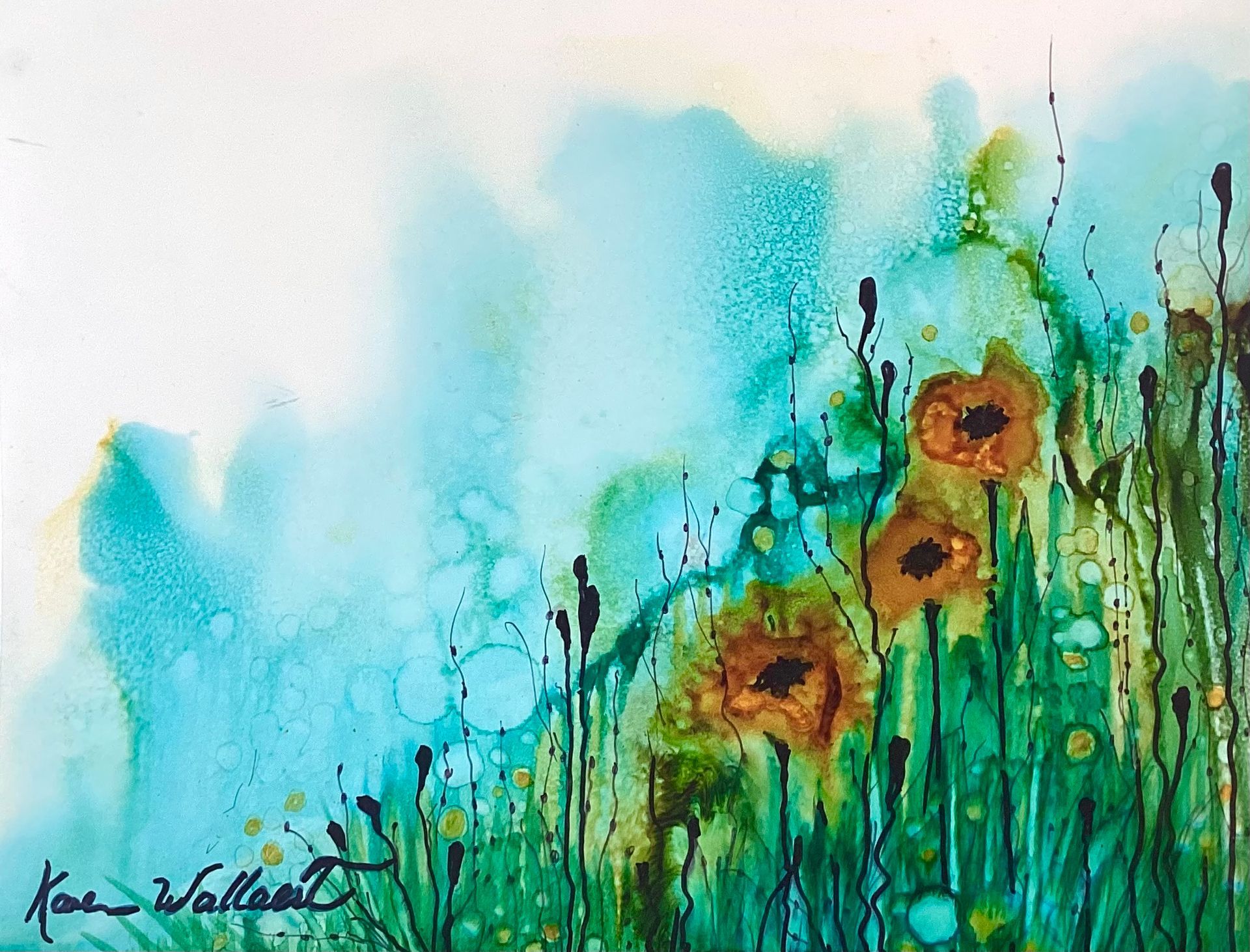 Abstract watercolor painting of brown poppies in green grass against a blue and white sky.
