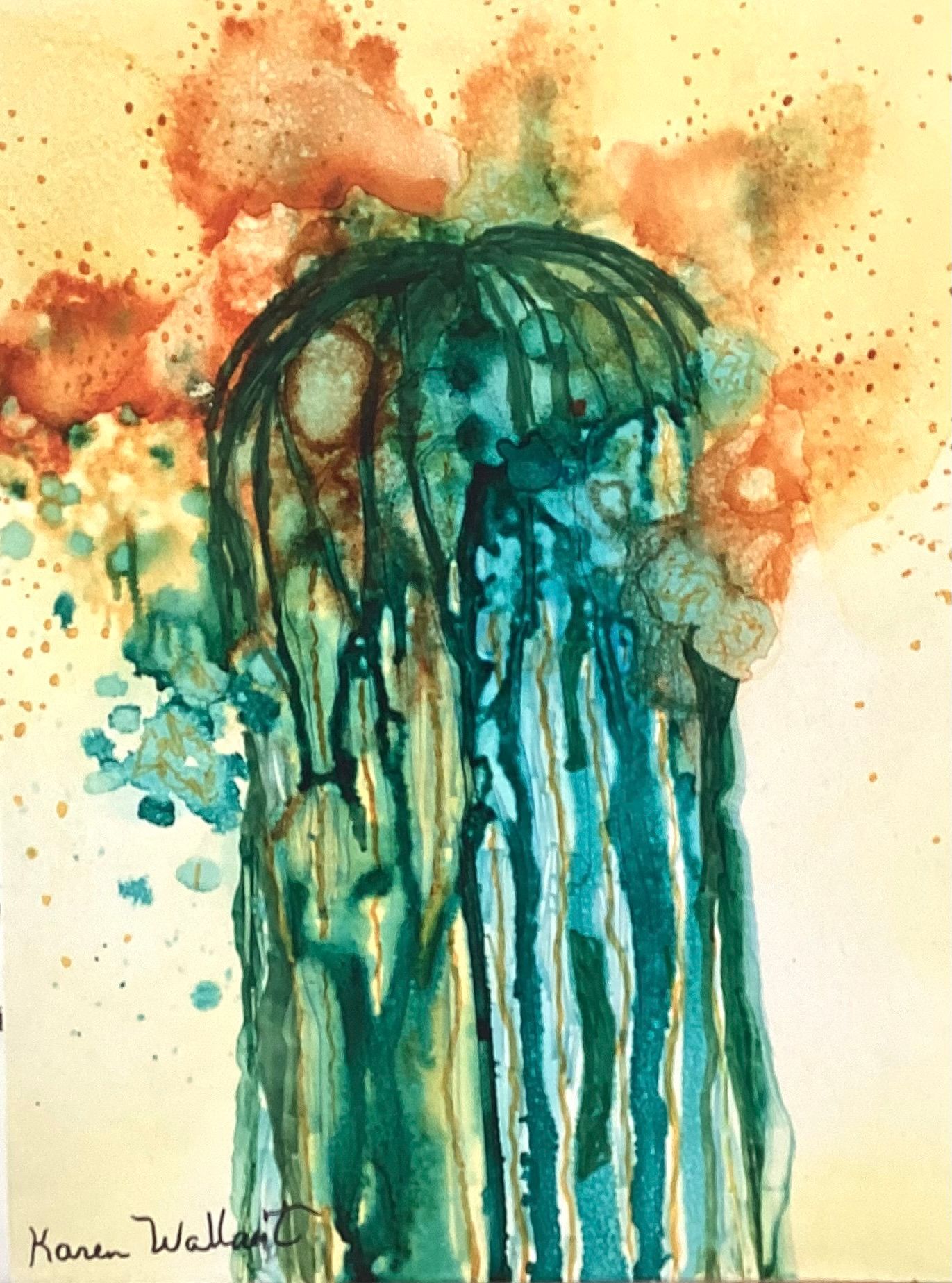 Abstract watercolor painting of a blue-green form with orange and yellow splatters; vertical drips.