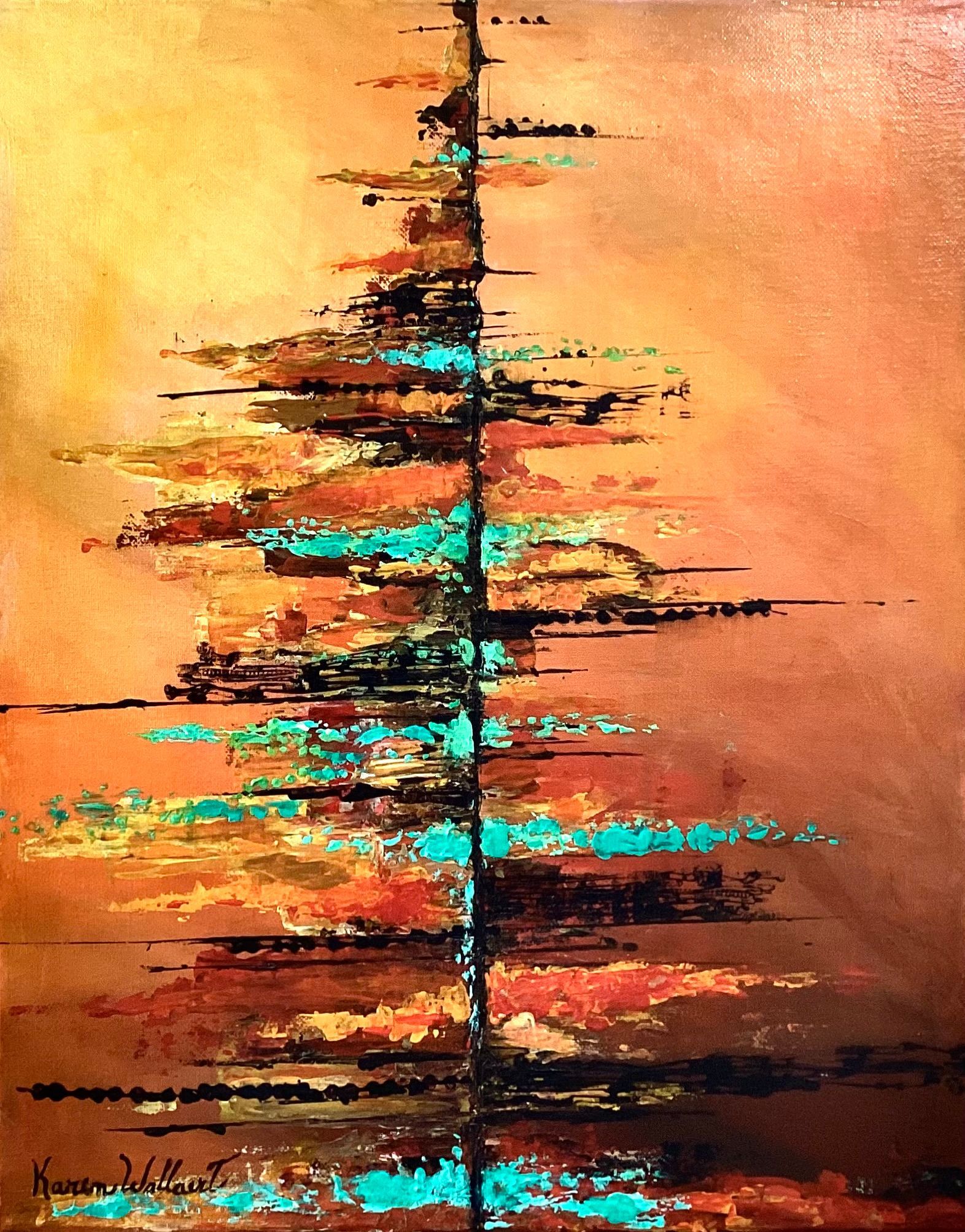 Abstract painting with vertical black line. Browns, oranges, and turquoise horizontal strokes on gradient background.