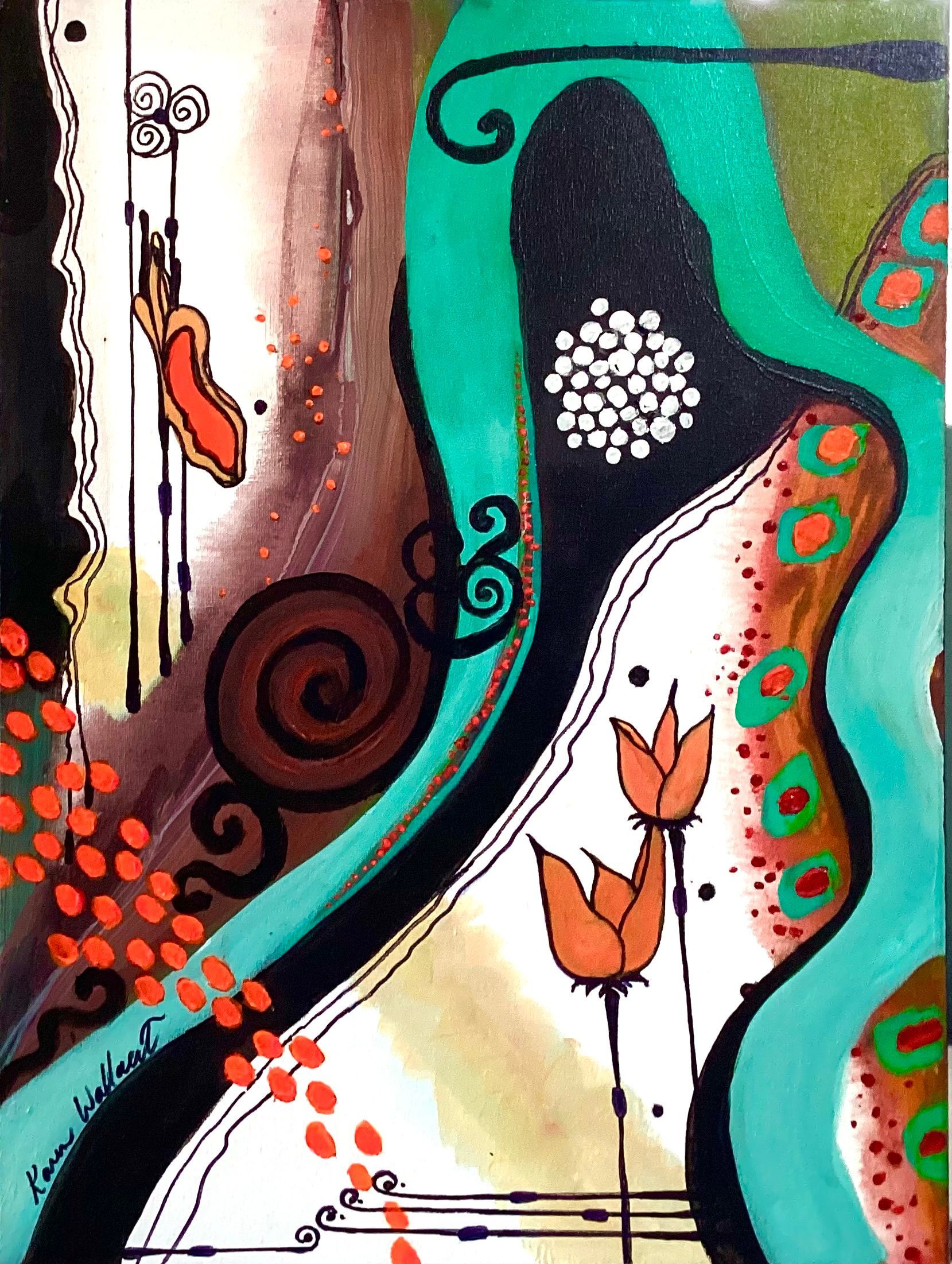 Abstract painting with teal, brown, and orange shapes and lines.