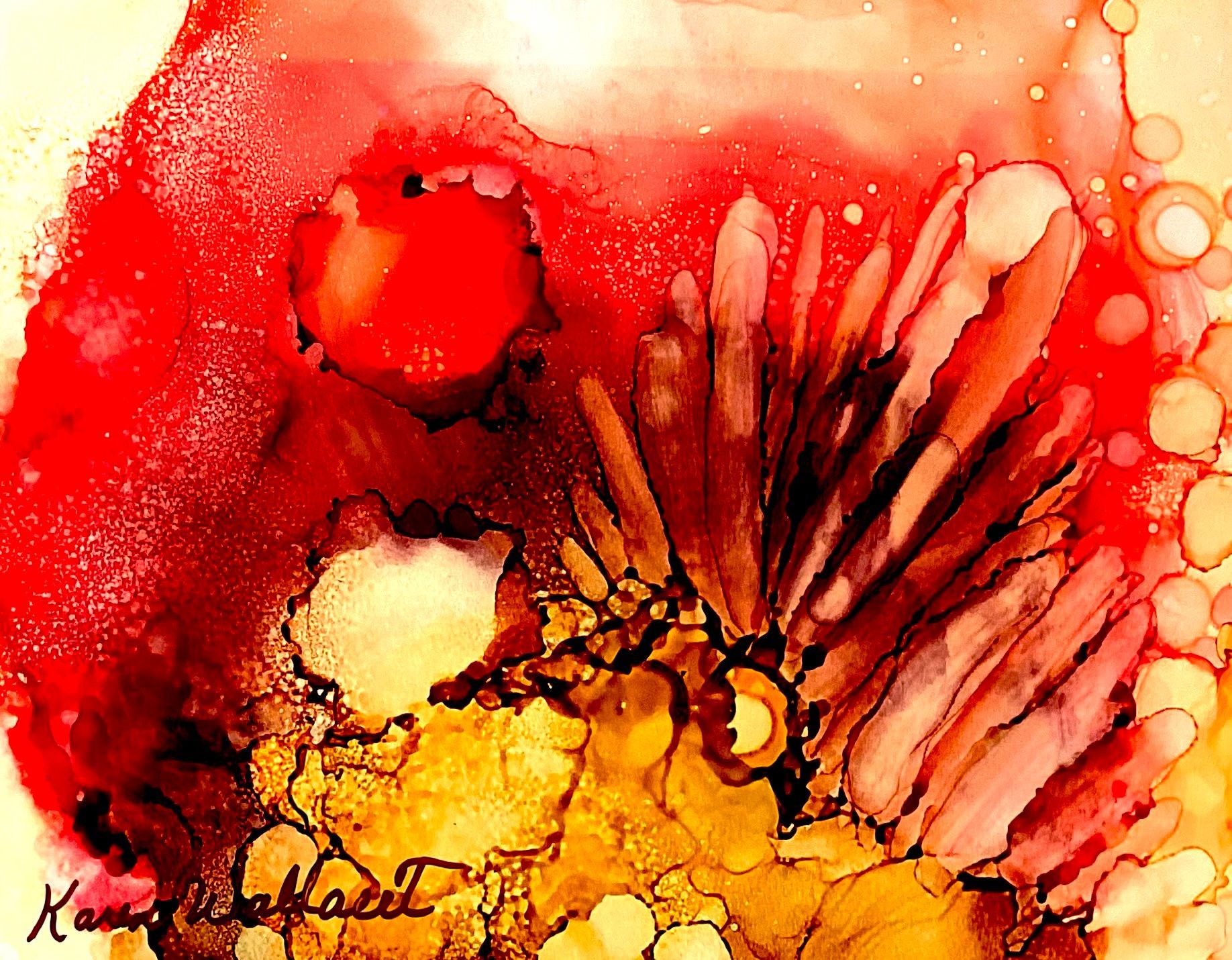 Abstract art with red, yellow, and brown ink washes; the center has a feathery shape, and a large red blotch is on the left.
