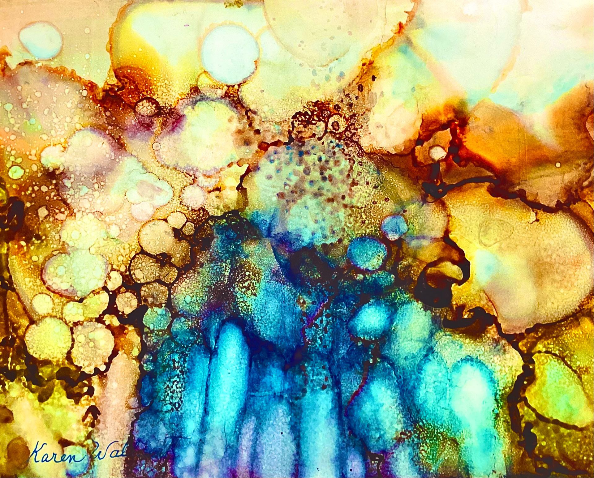 Abstract art in blue, yellow, and brown hues, with a central blue cascade and bubbly textures.