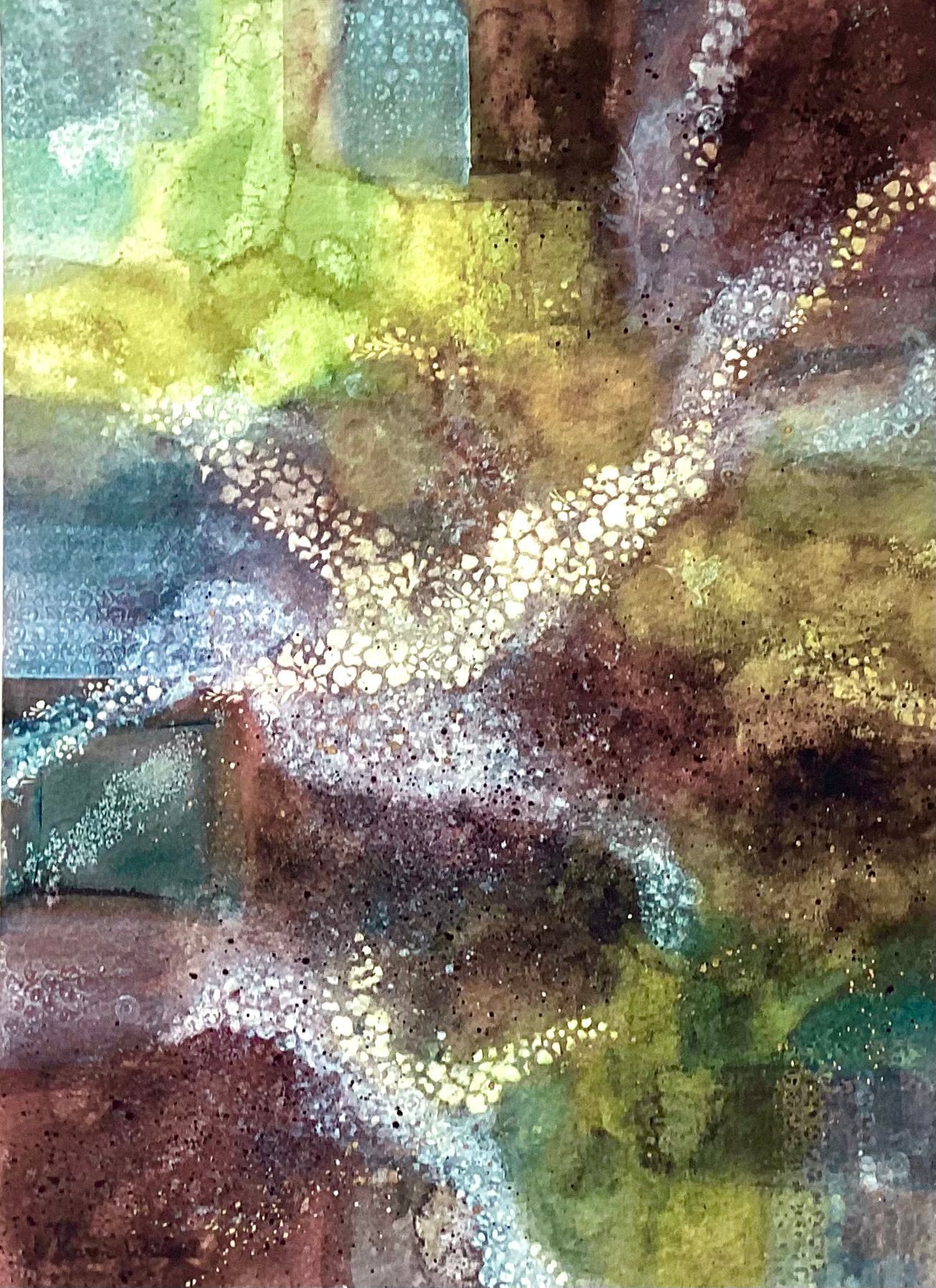 Abstract watercolor painting with swirling white dots, overlaying blocks of green, blue, yellow, and brown.