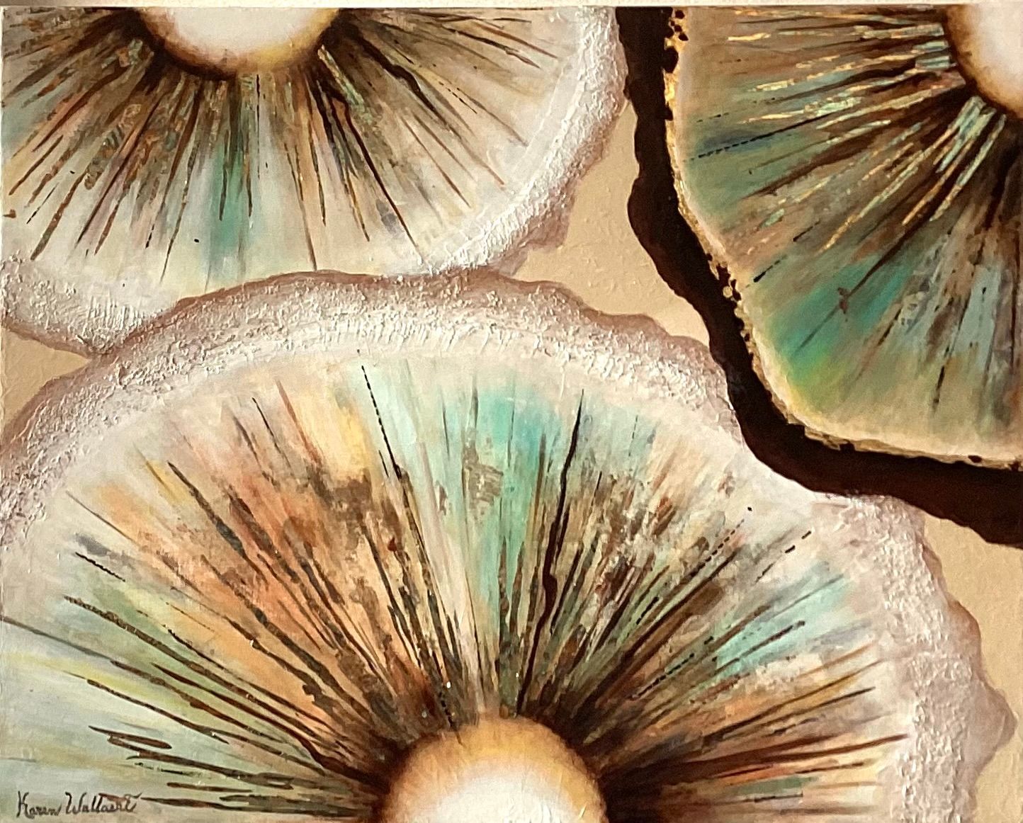 Close-up of three stylized, colorful mushroom gills with a gold background.