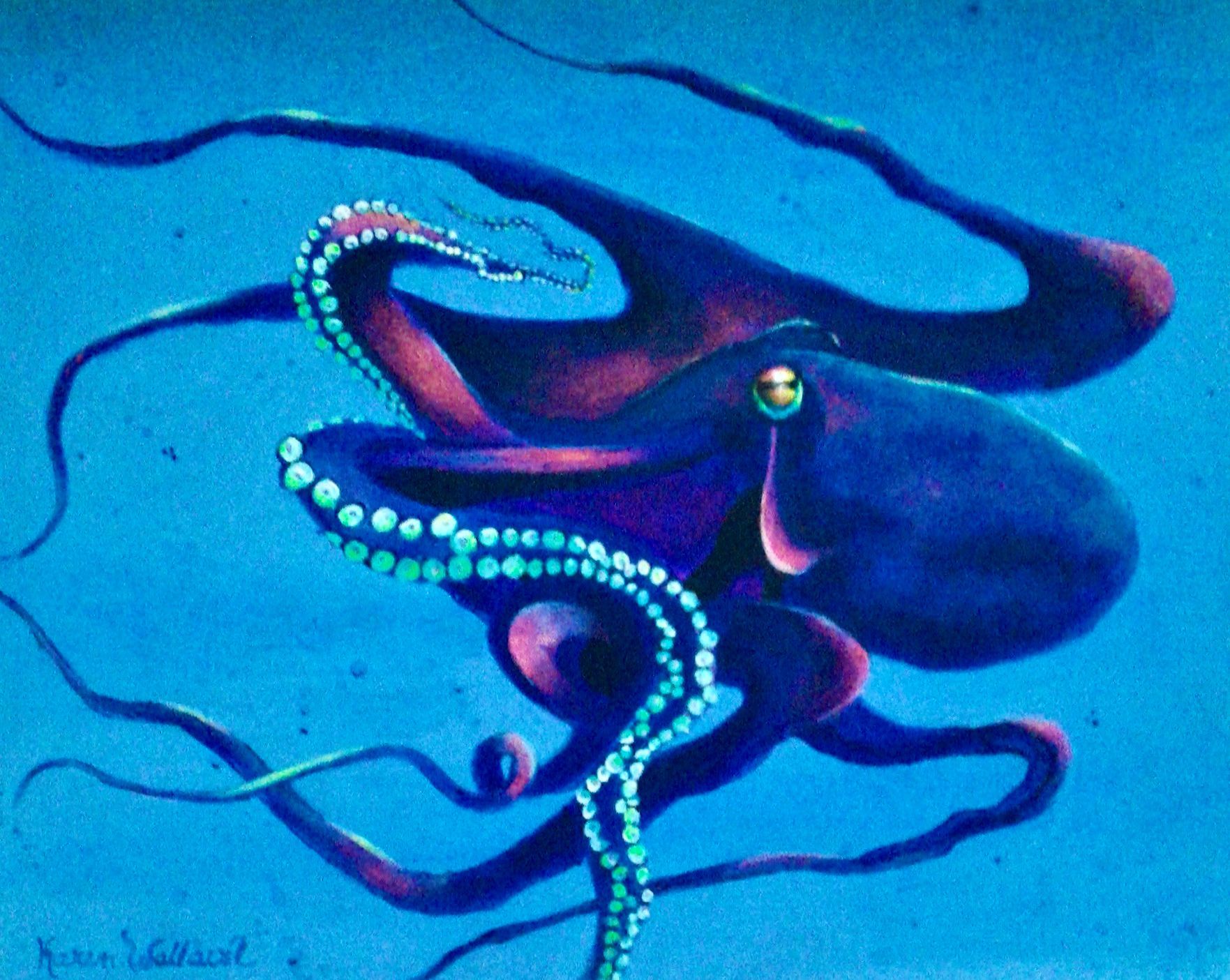 Blue and purple octopus swimming in clear blue water, tentacles outstretched.