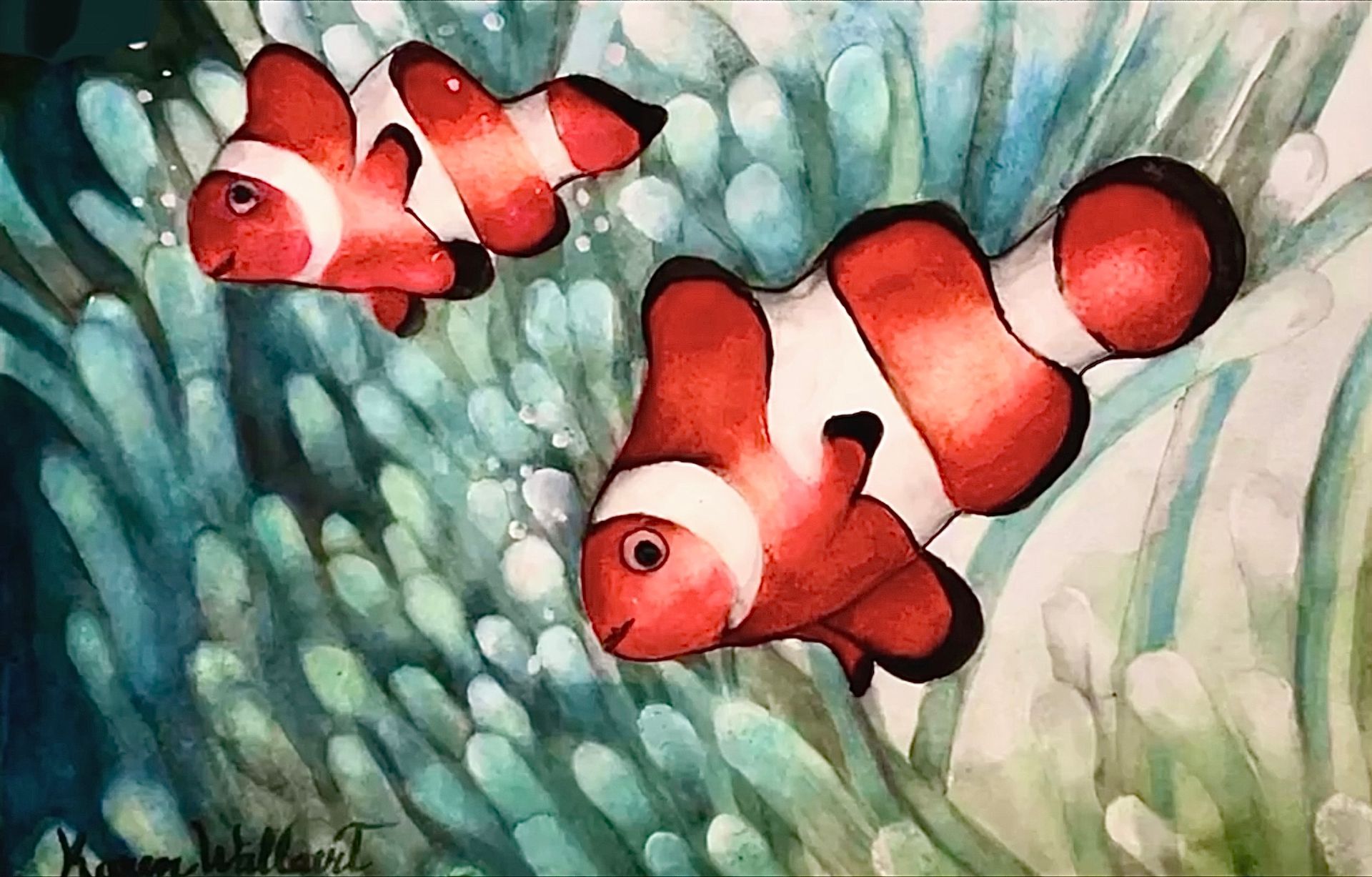 Two orange and white clownfish swimming near blue-green anemone, watercolor painting.