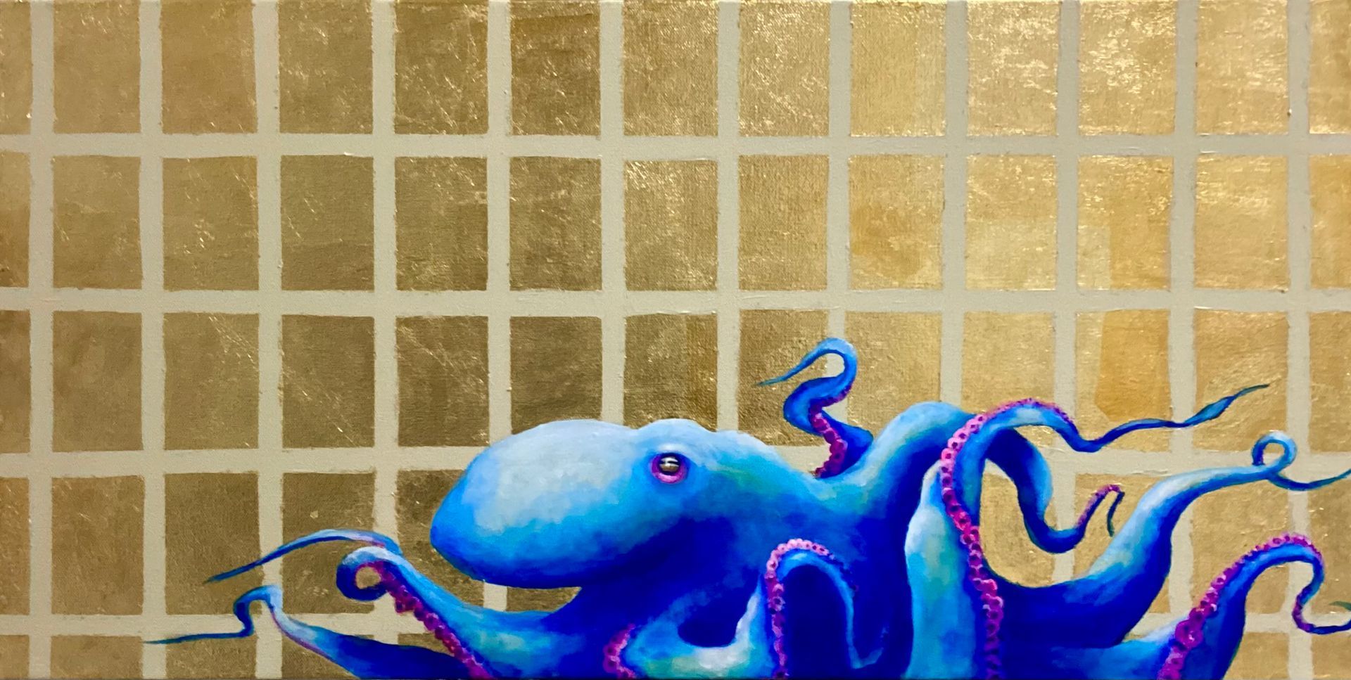 Blue octopus with purple highlights on a gold, grid-like background.