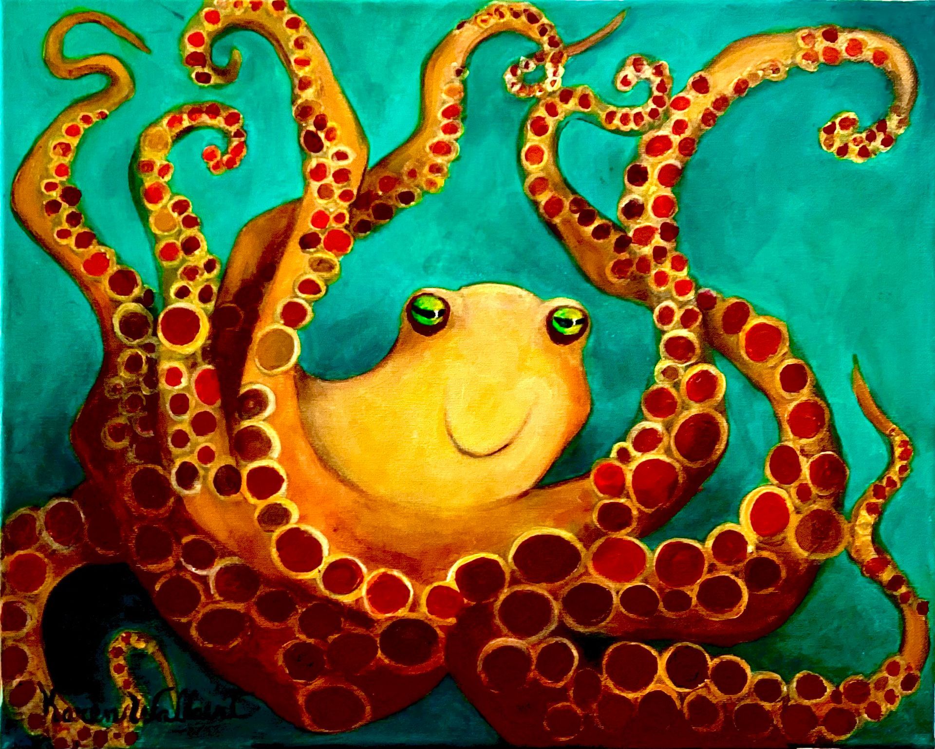 Smiling orange octopus with red suction cups against a teal background.