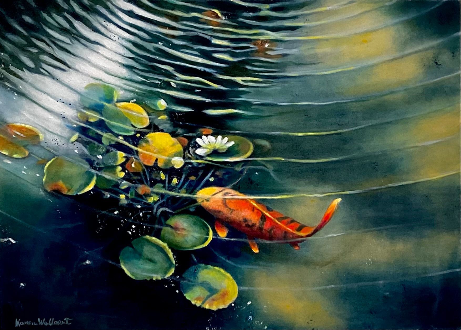 Koi fish swims near lily pads in a pond, with rippling water and a white flower.