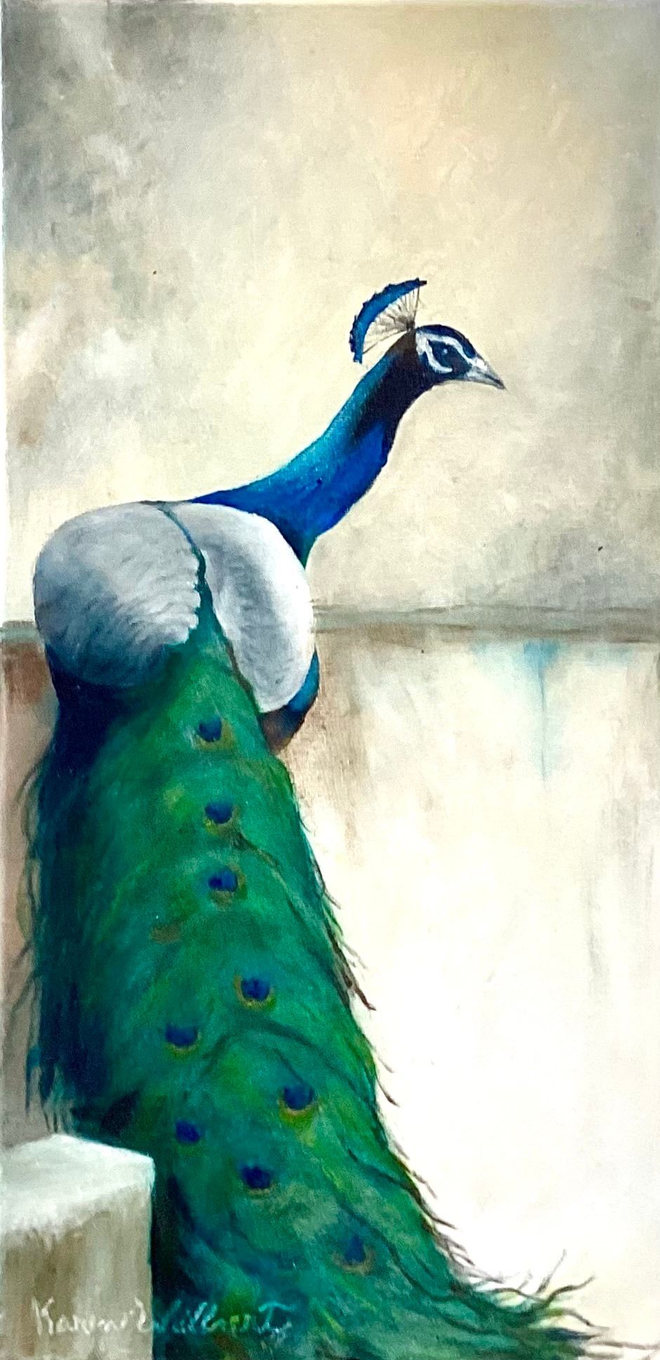 A watercolor painting of a peacock with blue and green feathers against a neutral background.