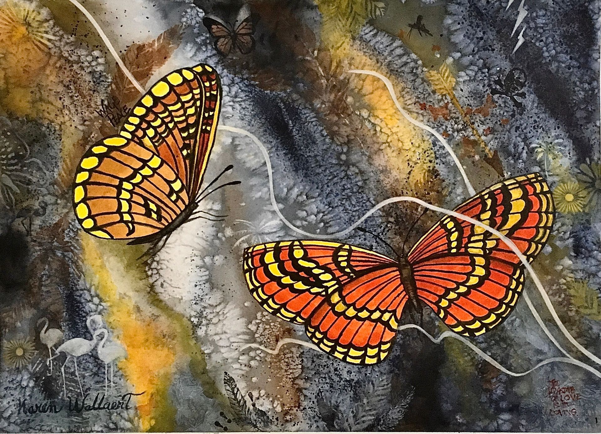 Two orange butterflies with black markings against a mottled yellow and gray background.