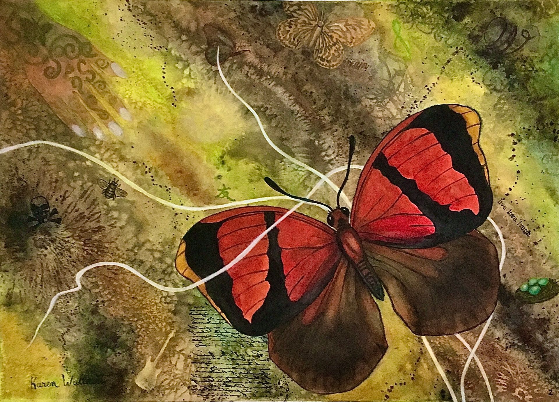 Butterfly with red and black wings on a mottled, colorful background.