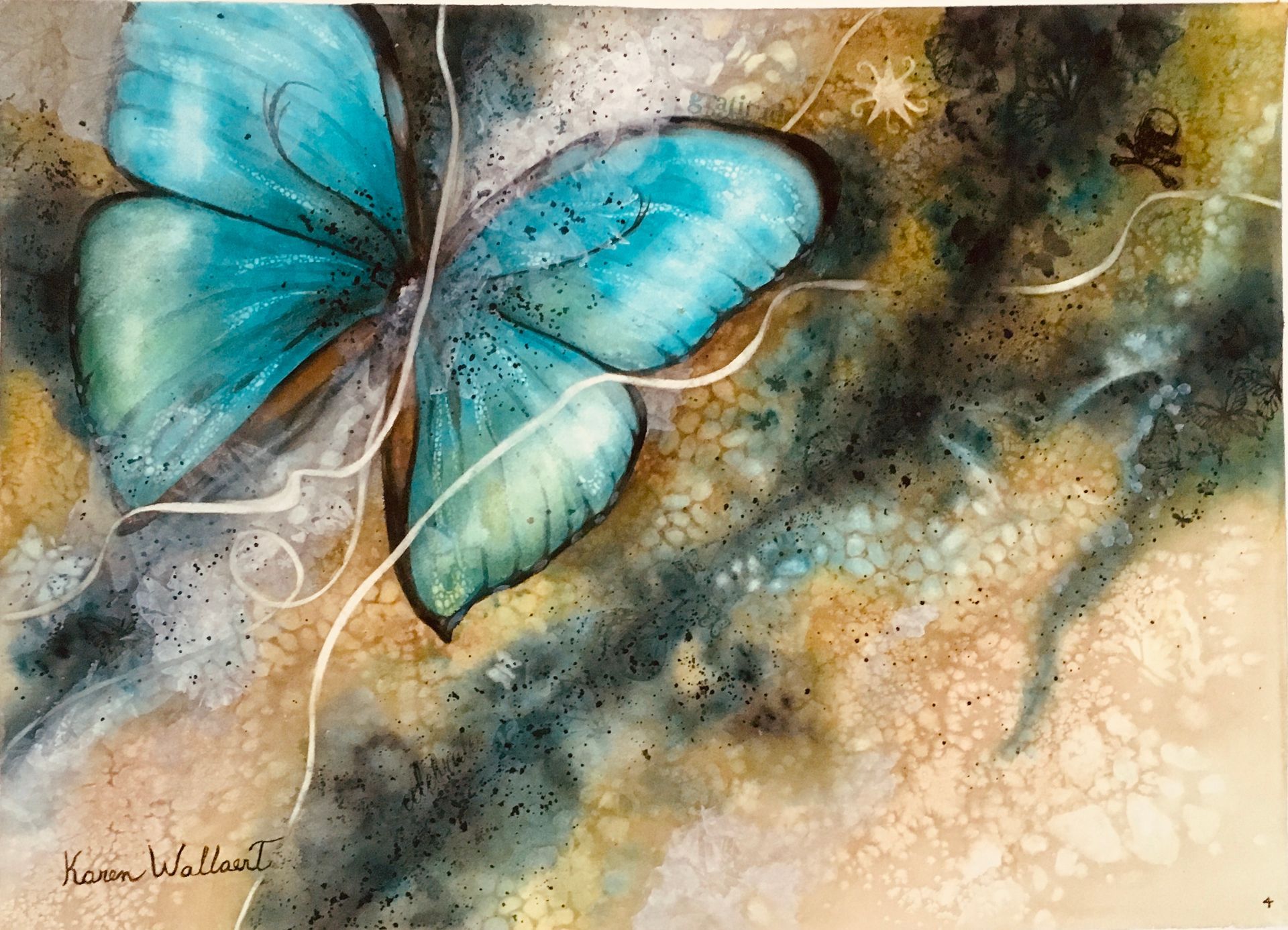 Aqua butterfly with textured wings on a blurred brown and green background; delicate white lines.