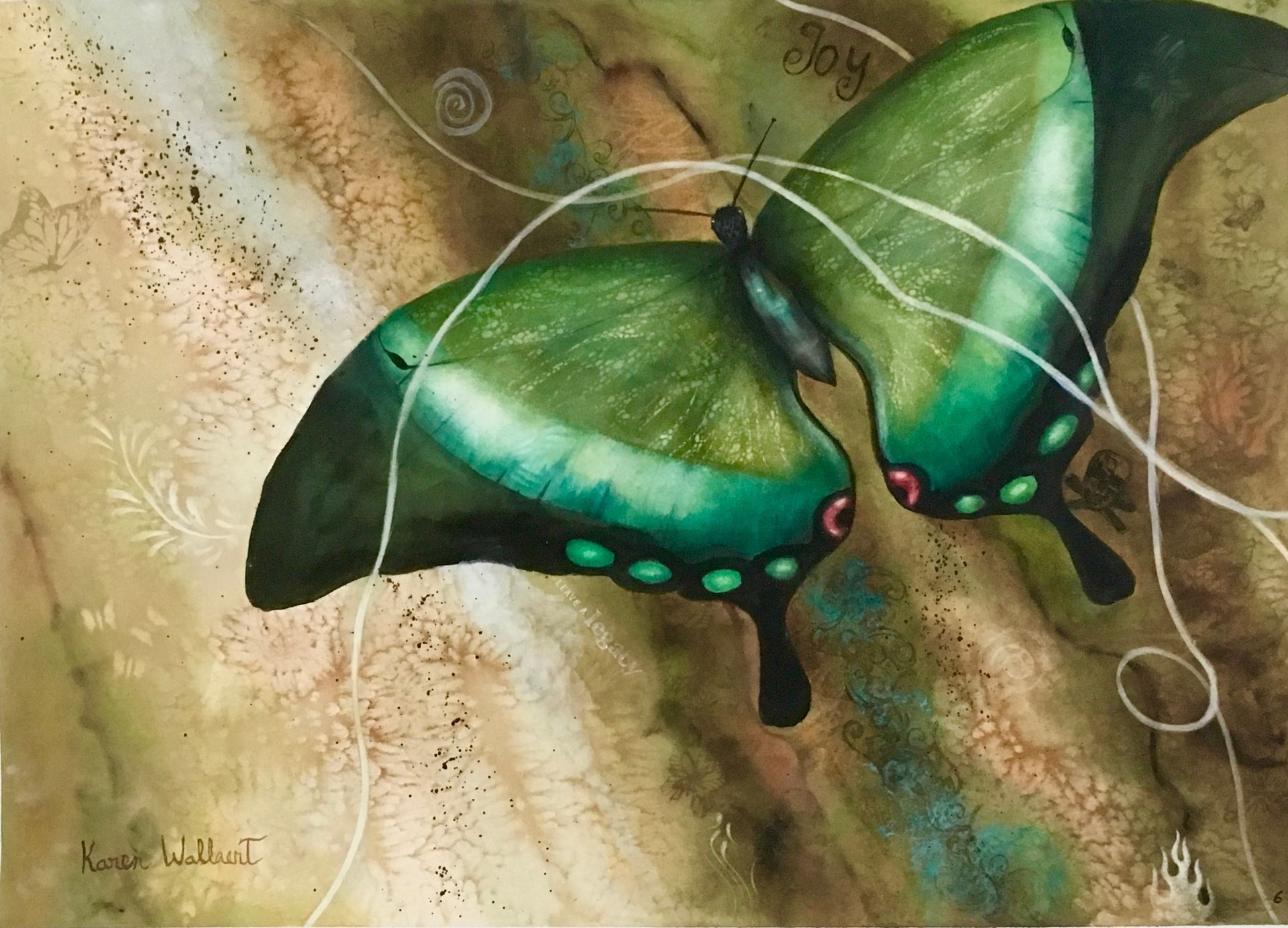Green butterfly with teal accents against a muted, textured brown and green background.
