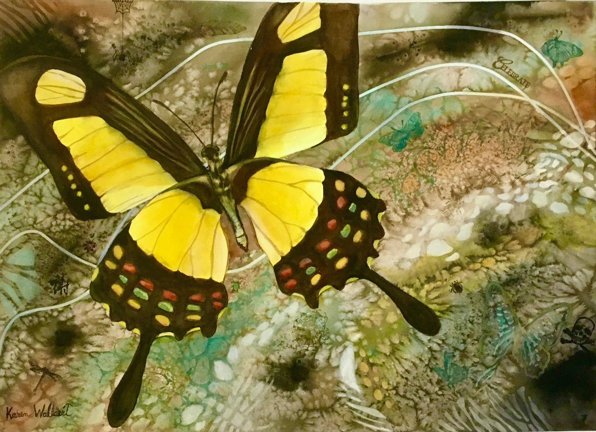 Yellow and black butterfly in watercolor, with a mottled background of green, brown, and white.