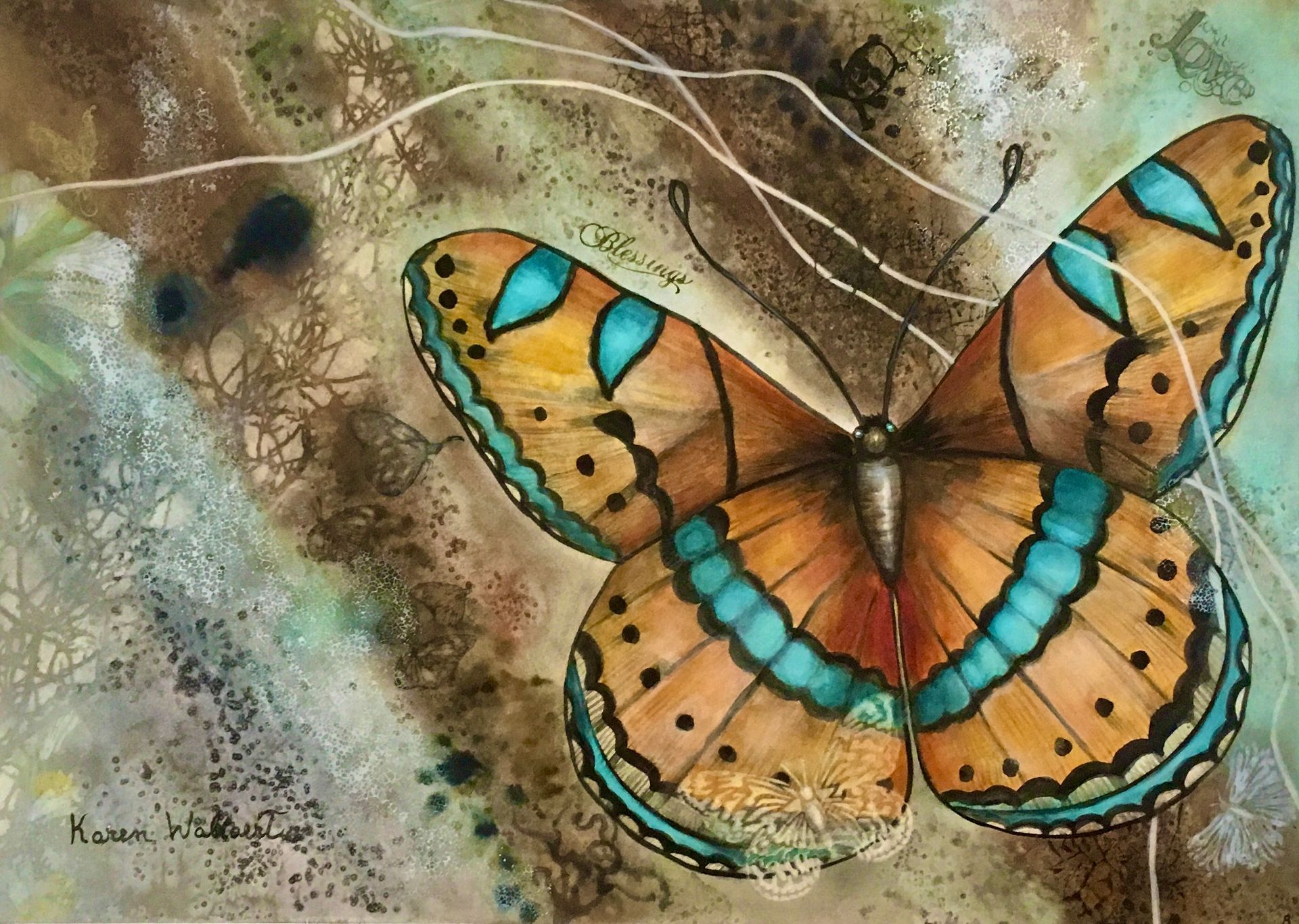 Butterfly with orange wings and turquoise markings, set against a textured brown and green background.
