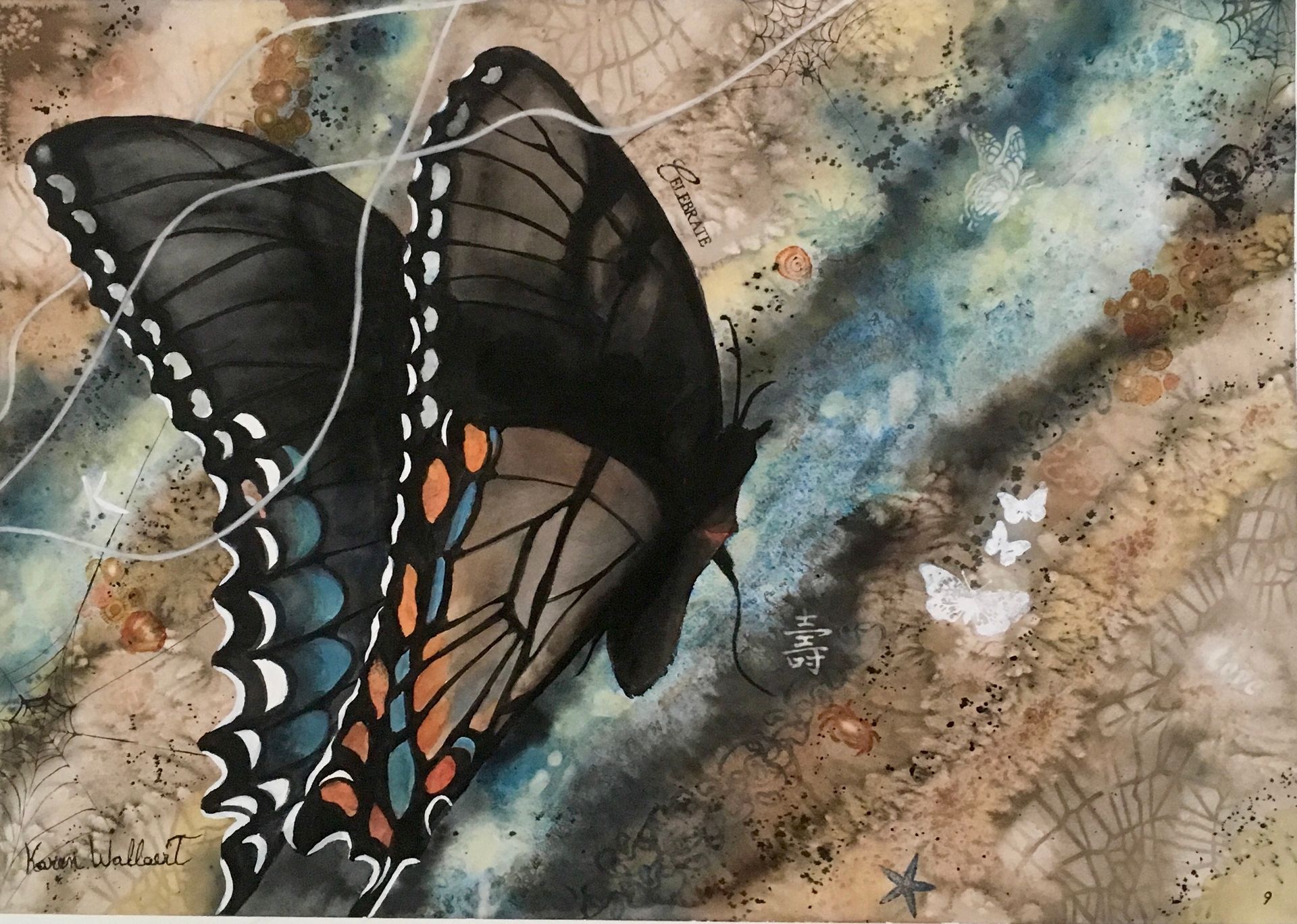 Watercolor of a black butterfly with orange and blue markings, amidst a textured, earthy background.