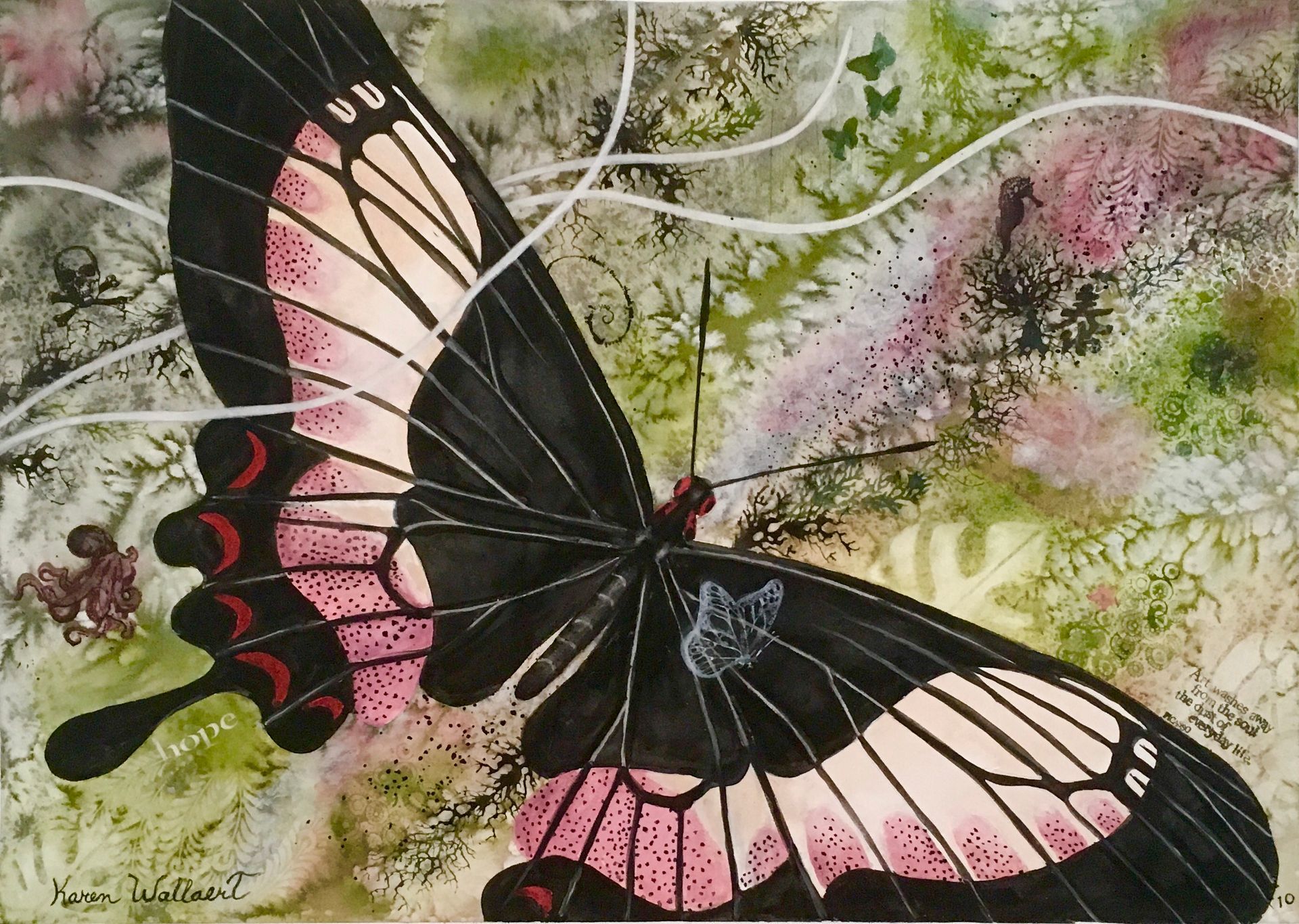 Butterfly with black and pink wings, perched in a colorful garden setting.