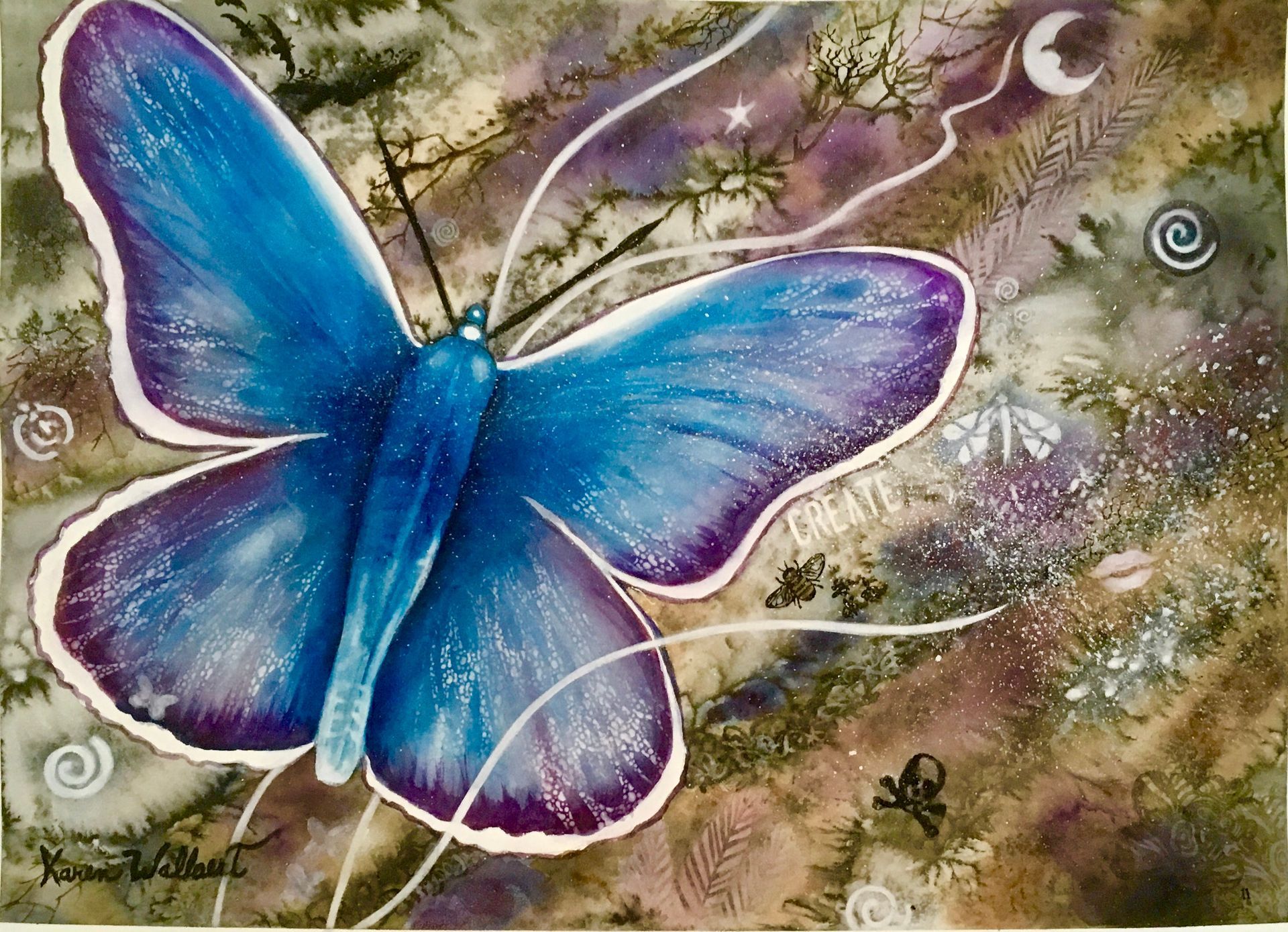 Blue butterfly with purple edges on a mottled, colorful background with celestial accents.