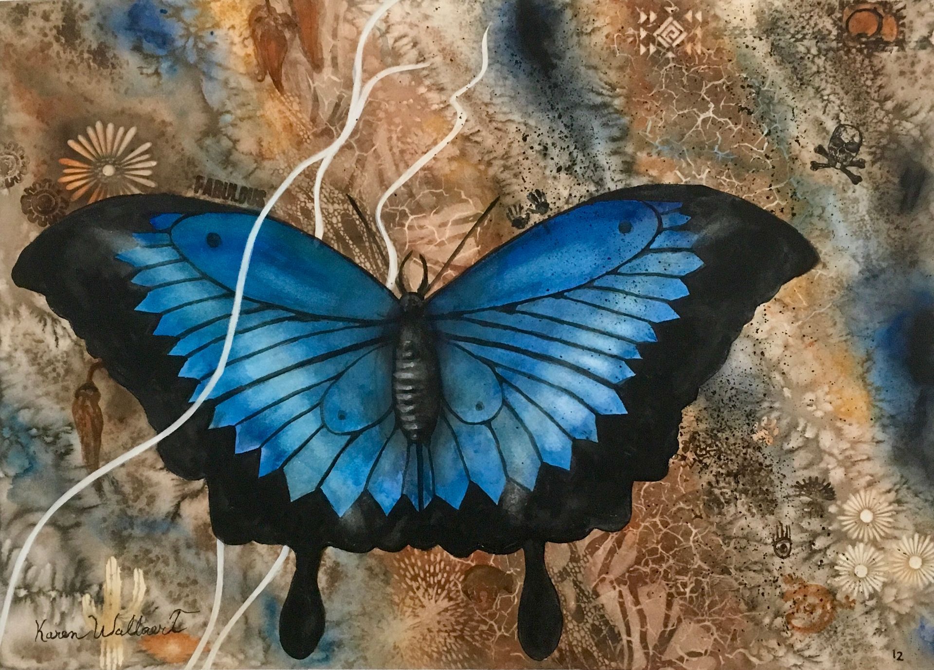 Blue butterfly with black trim against a mottled brown and tan backdrop with floral details.