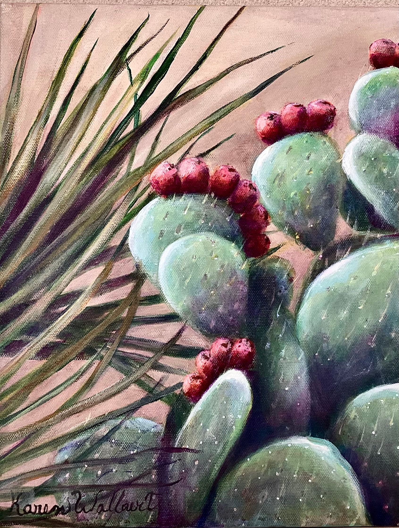 Prickly pear cactus with red fruit and long, thin green leaves on a tan background.