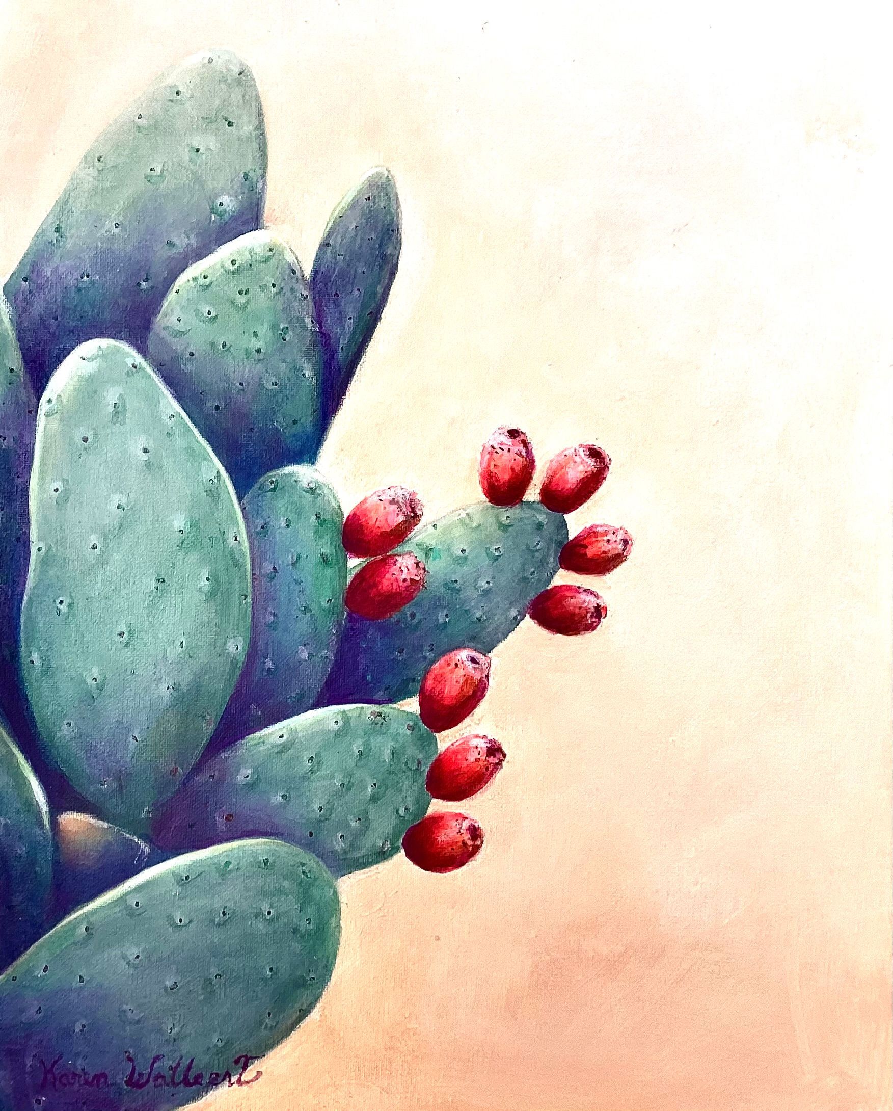 Blue-green prickly pear cactus with red fruit against a beige background.