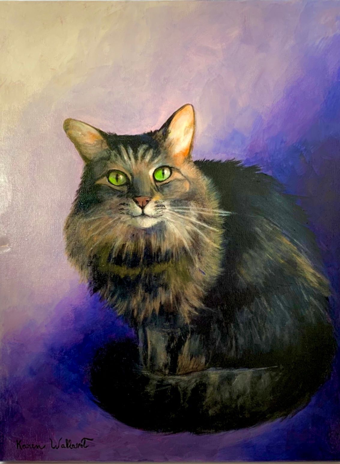 Fluffy tabby cat with green eyes on a purple and white gradient background.