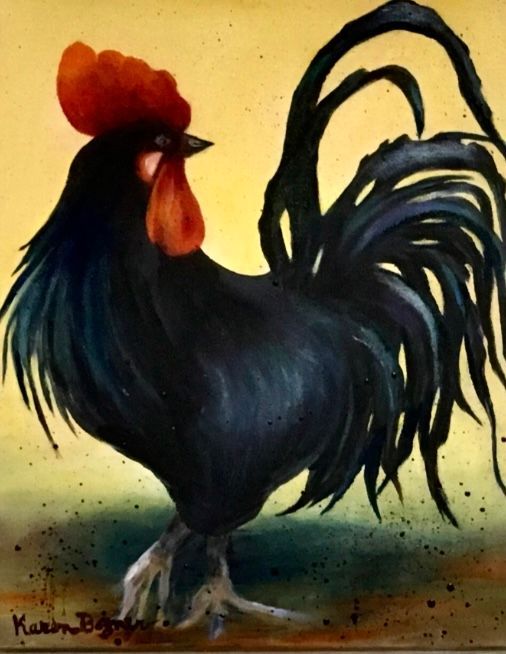 Black rooster with red comb and wattle stands against a yellow and green background.