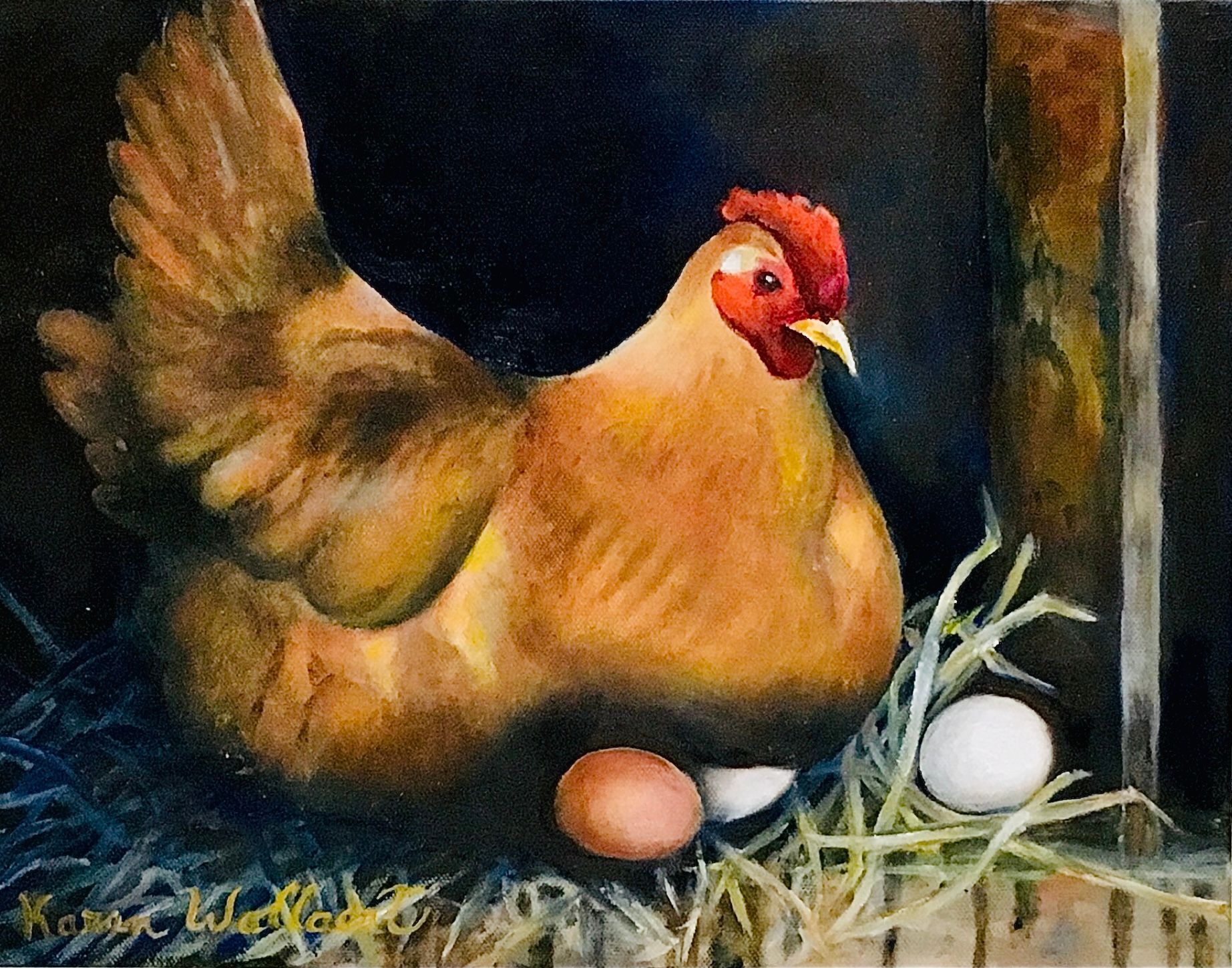 Brown hen sitting on eggs in a nest, with a red comb, in a dark coop.