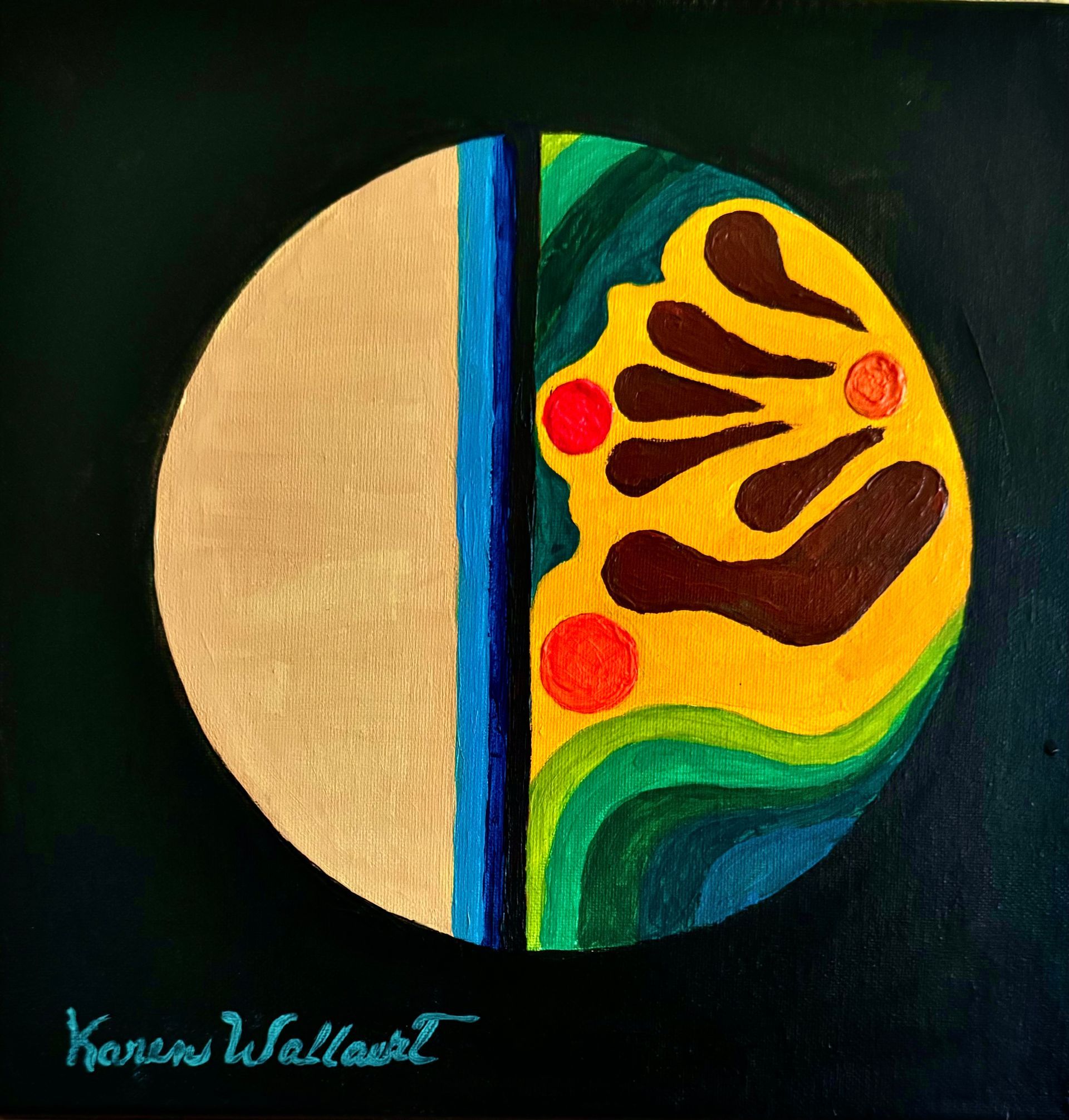 Divided circle with beige, blue, yellow, and brown shapes. Set against a dark background.