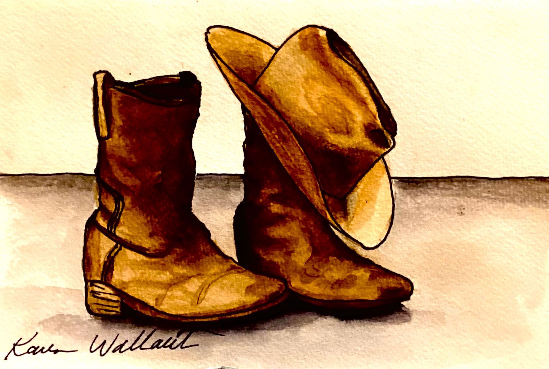 Cowboy boots and hat; watercolor in brown tones.