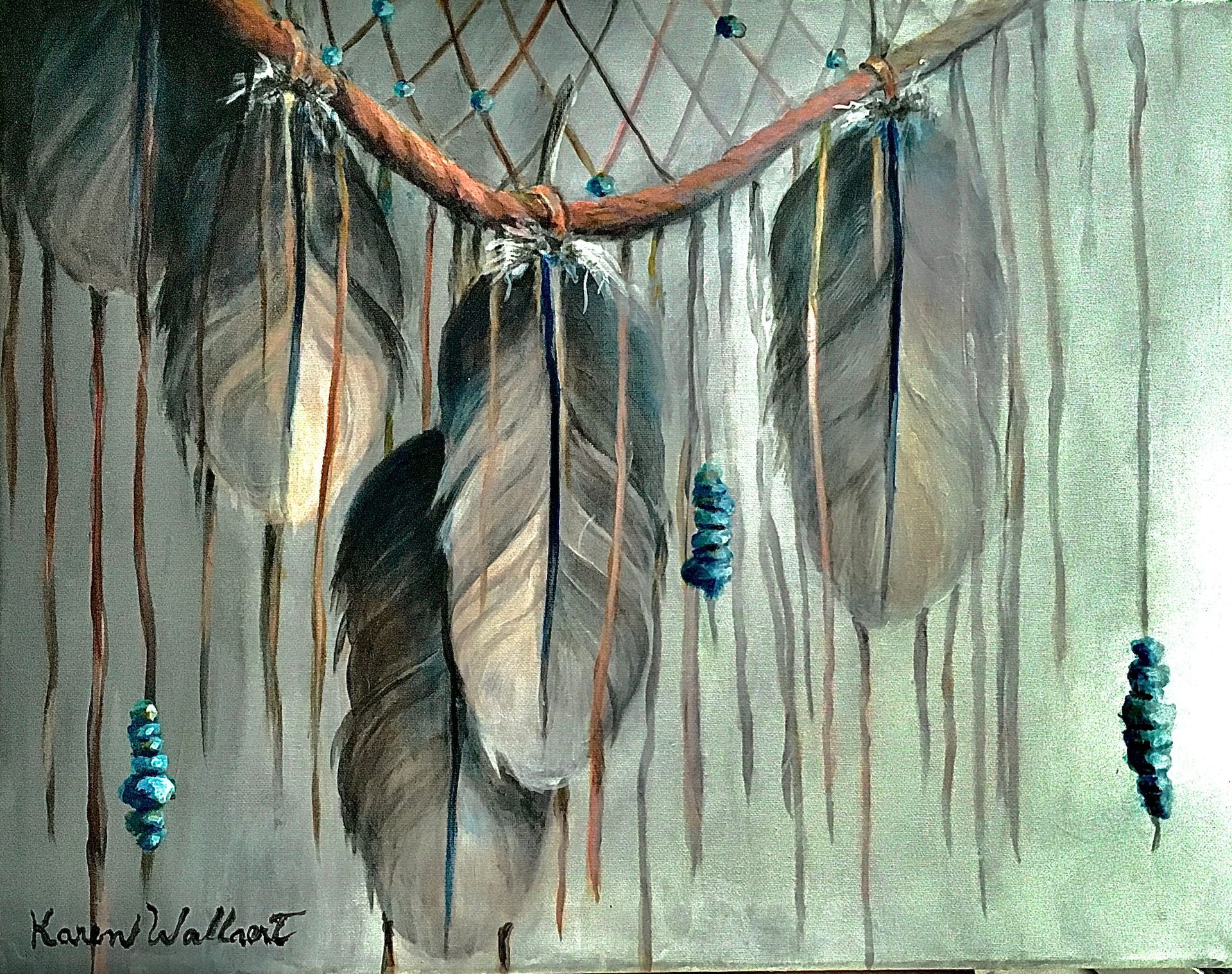 Dreamcatcher painting with brown feathers and blue beads against a grey background.