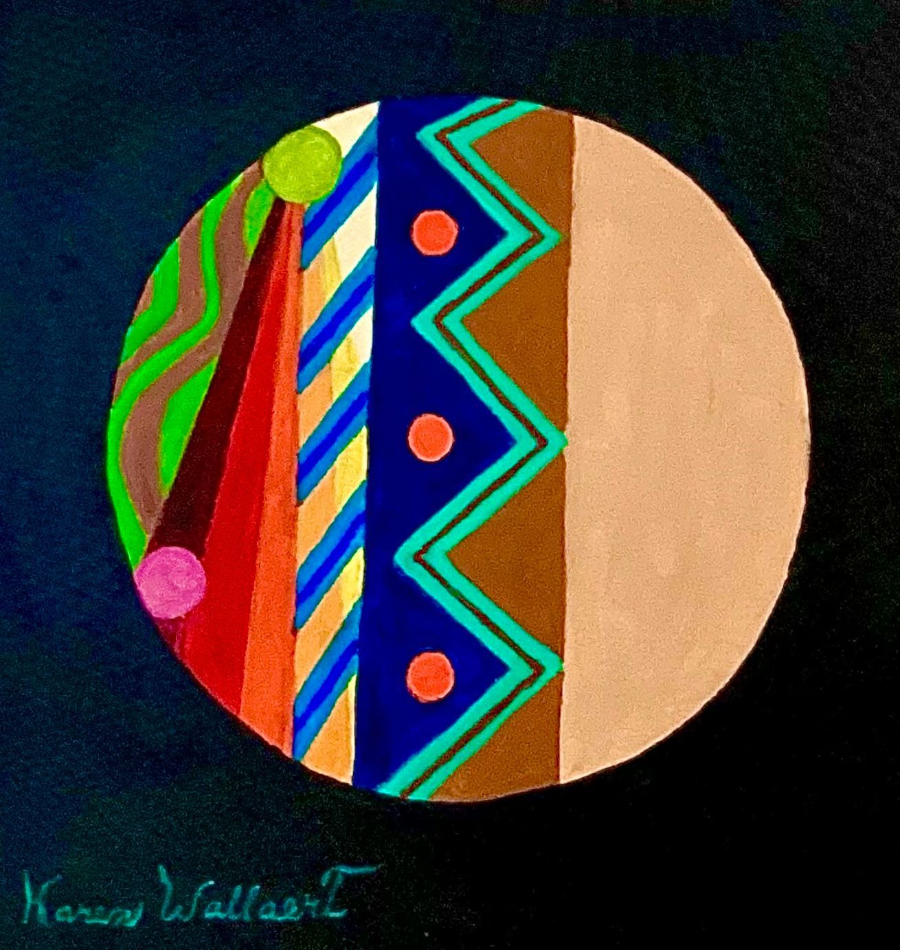 Abstract painting: A circle with various patterns and colors against a dark background.