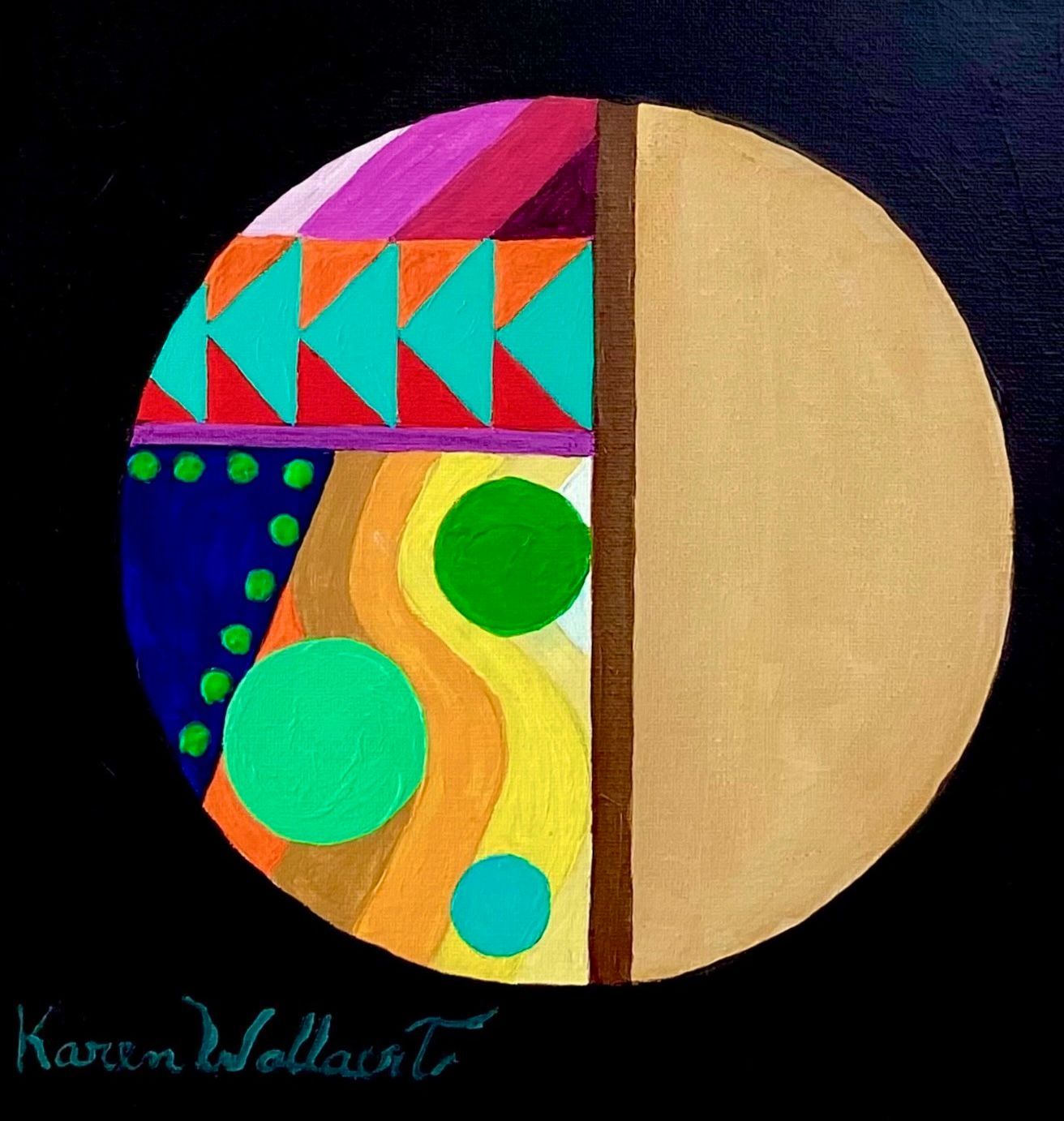 Geometric abstract painting with colorful shapes inside a circle: blue, green, orange, tan, and brown on a black background.